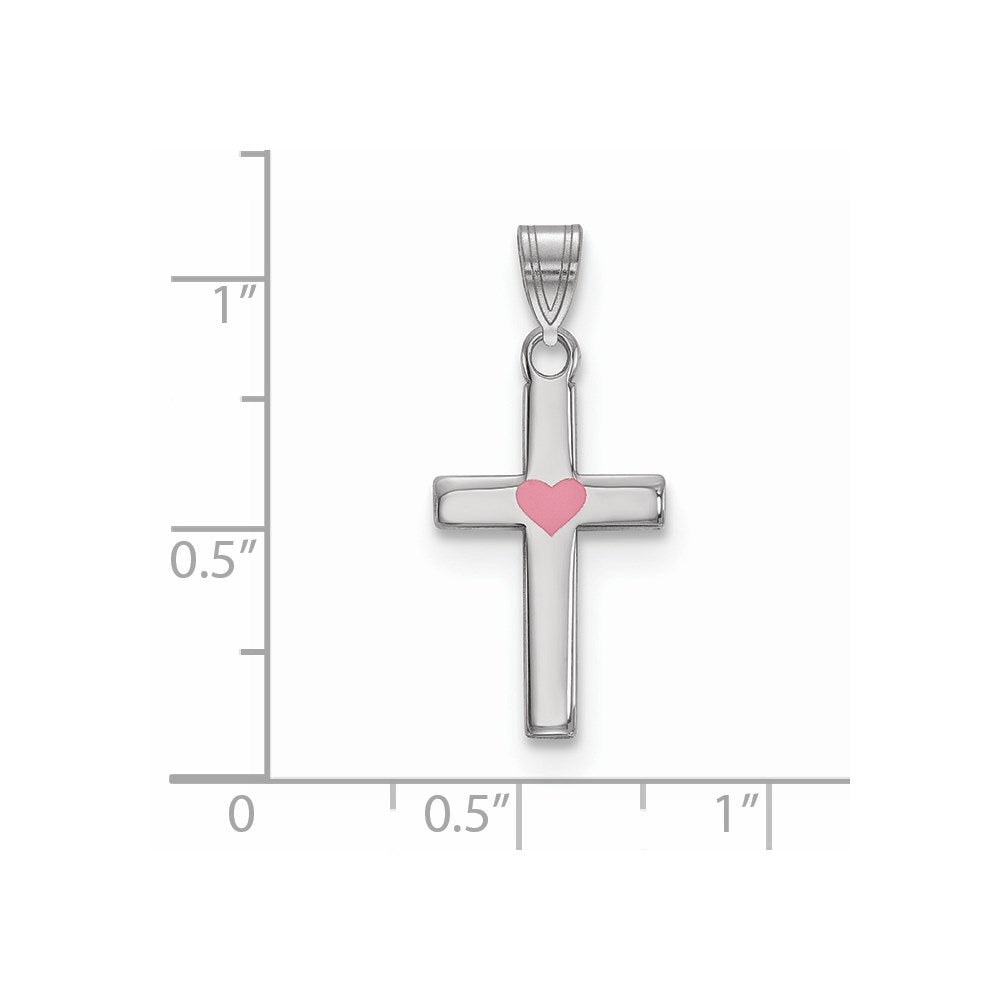 Sterling Silver Rhodium-plated Pink Enameled Heart Cross Charm