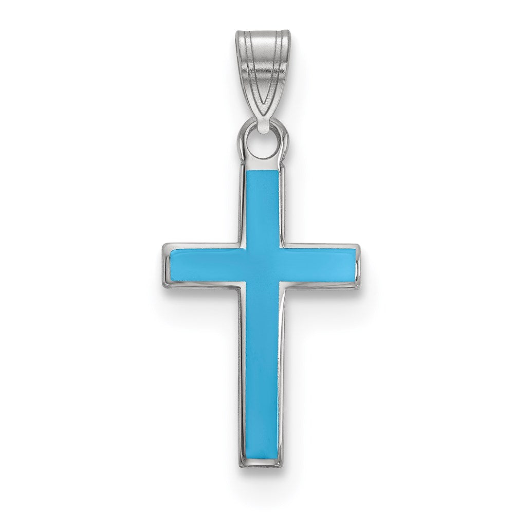 Sterling Silver Rhodium-plated Blue Enameled Cross Charm