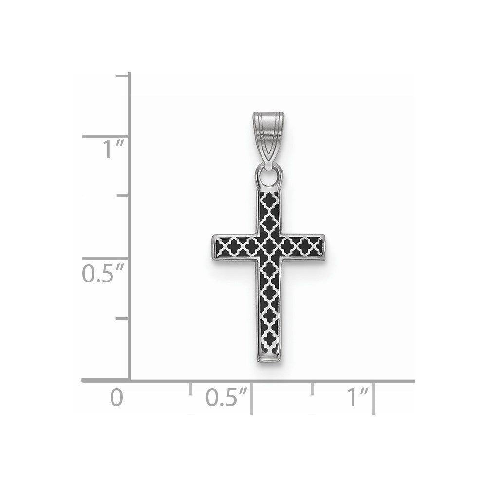 Sterling Silver Rhodium-plated Black Enameled Cross Hatch Cross Charm