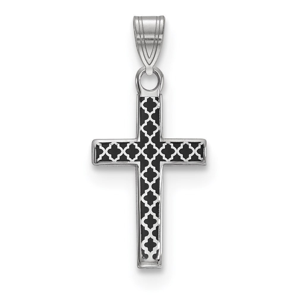 Sterling Silver Rhodium-plated Black Enameled Cross Hatch Cross Charm