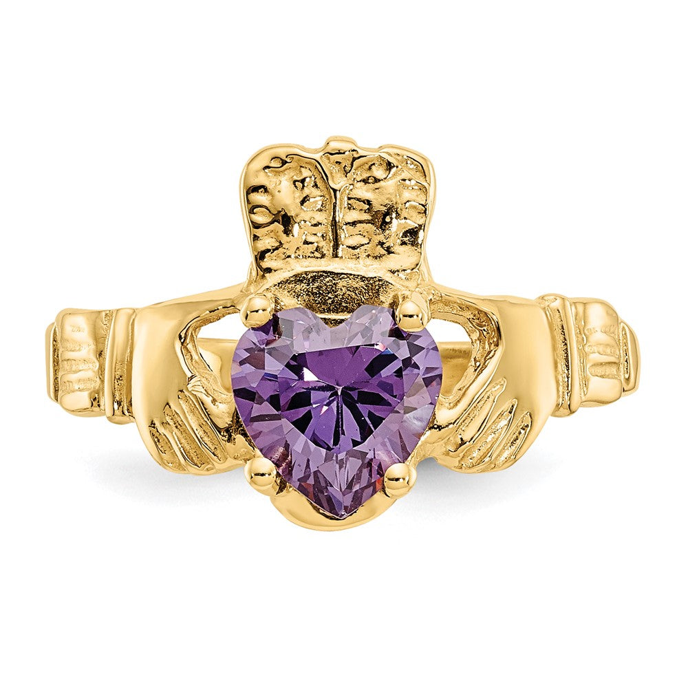 14k February CZ Birthstone Claddagh Ring