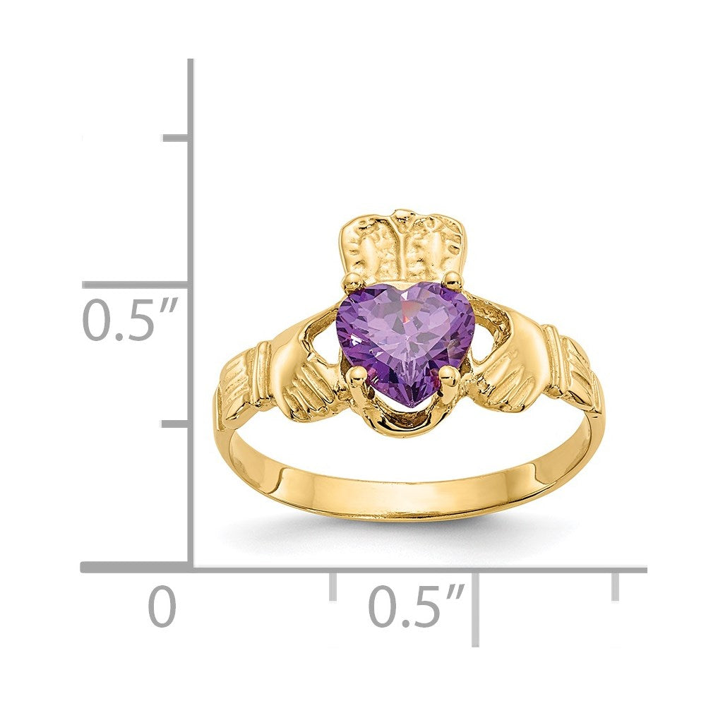 14k February CZ Birthstone Claddagh Ring