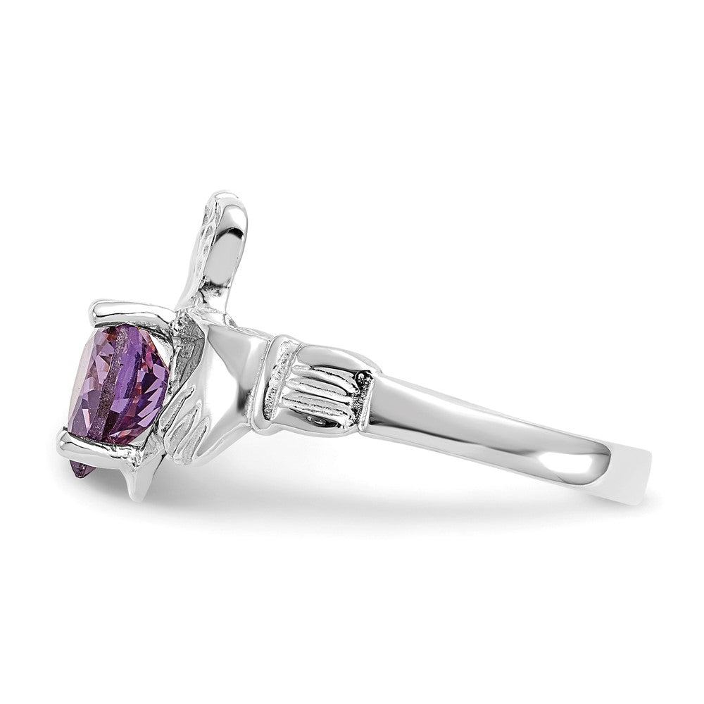 14k White Gold February CZ Birthstone Claddagh Ring