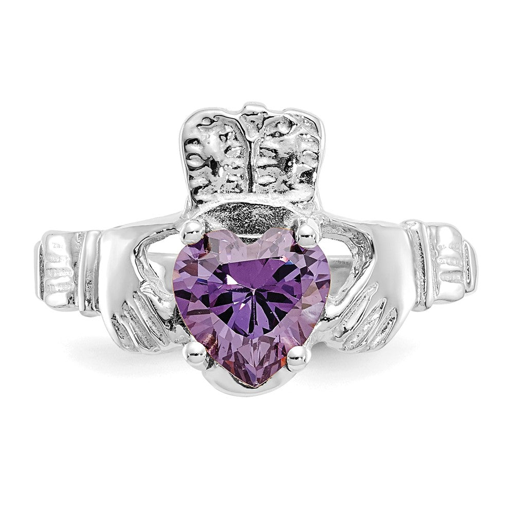 14k White Gold February CZ Birthstone Claddagh Ring