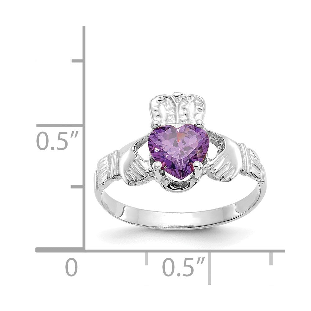 14k White Gold February CZ Birthstone Claddagh Ring