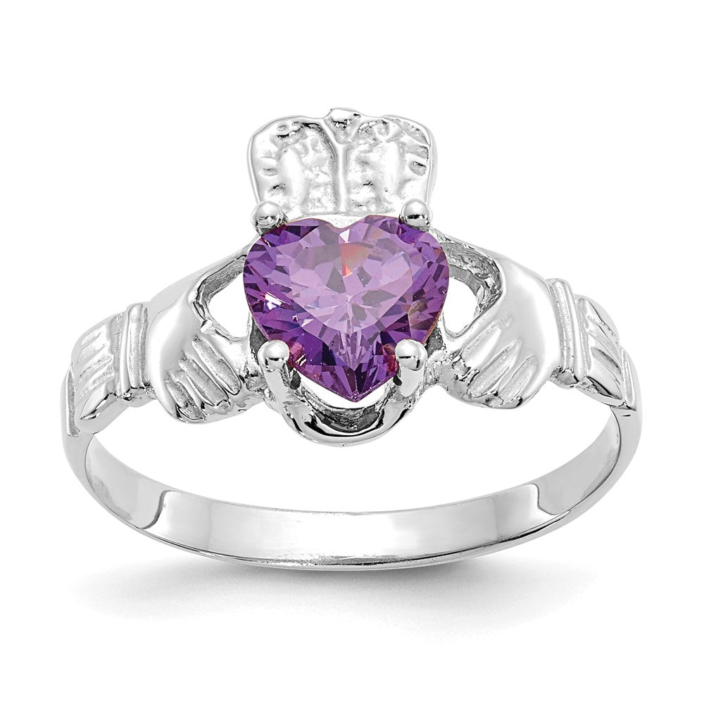 14k White Gold February CZ Birthstone Claddagh Ring