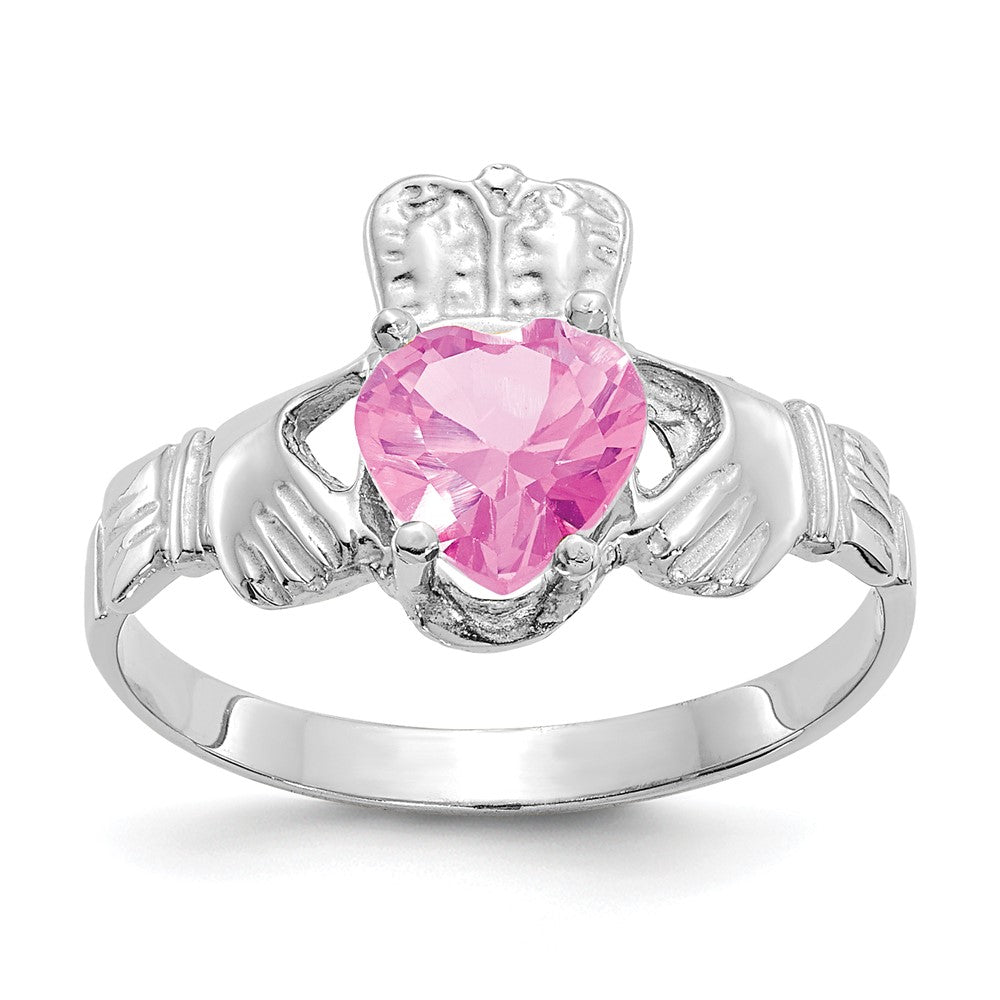 14k White Gold October CZ Birthstone Claddagh Ring