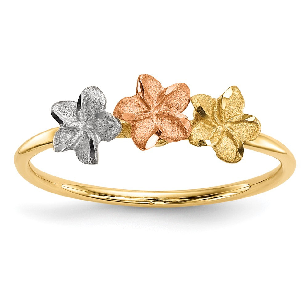 14k Two-tone w/White Rhodium Polished and Satin 3 Flower Ring