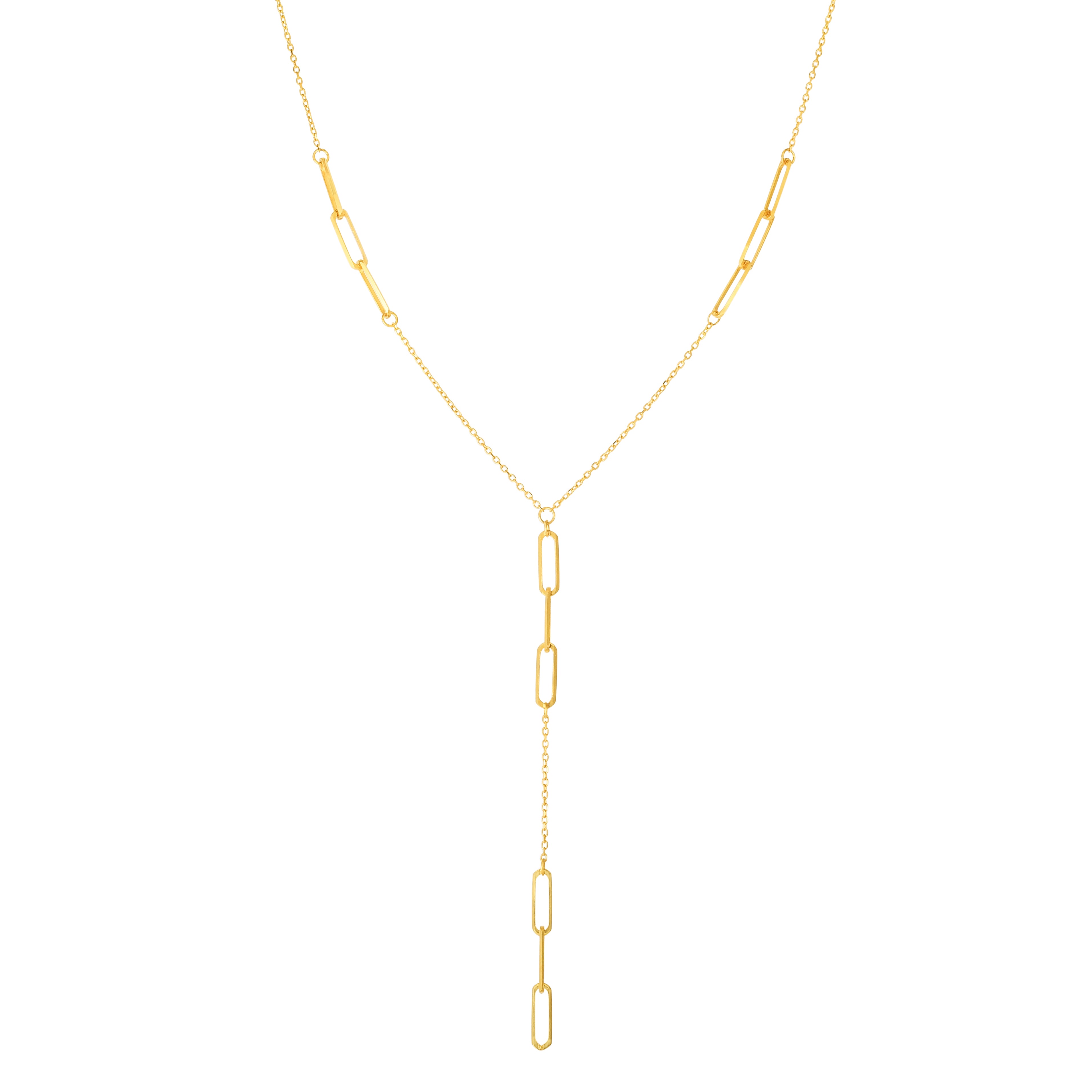 14K Yellow Gold Paperclip Lariat 17" Necklace with Spring Ring Clasp.