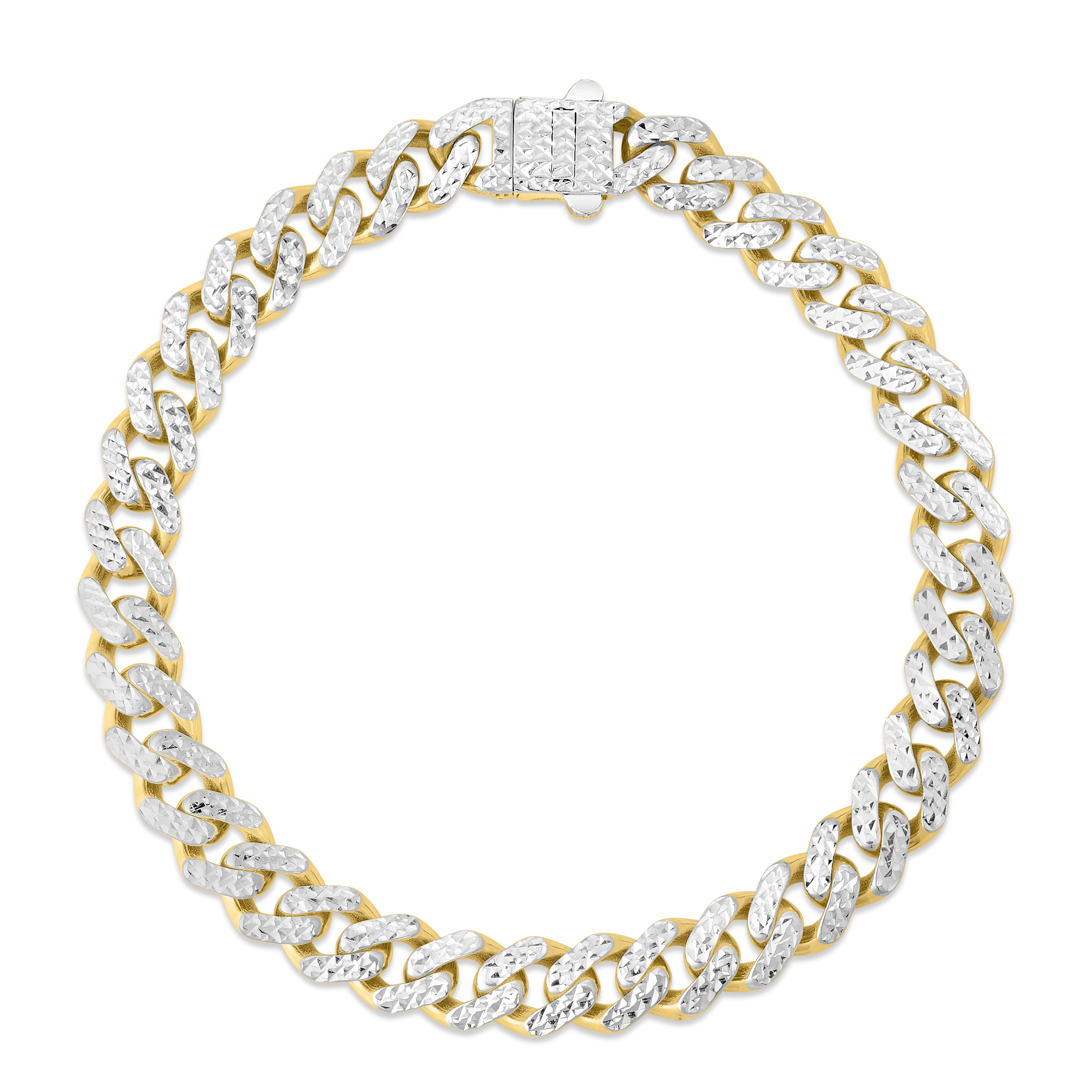 14K Yellow Gold 8mm White Pave Lite Miami Cuban 22" Chain Necklace with Box (Both Side Push) Clasp.