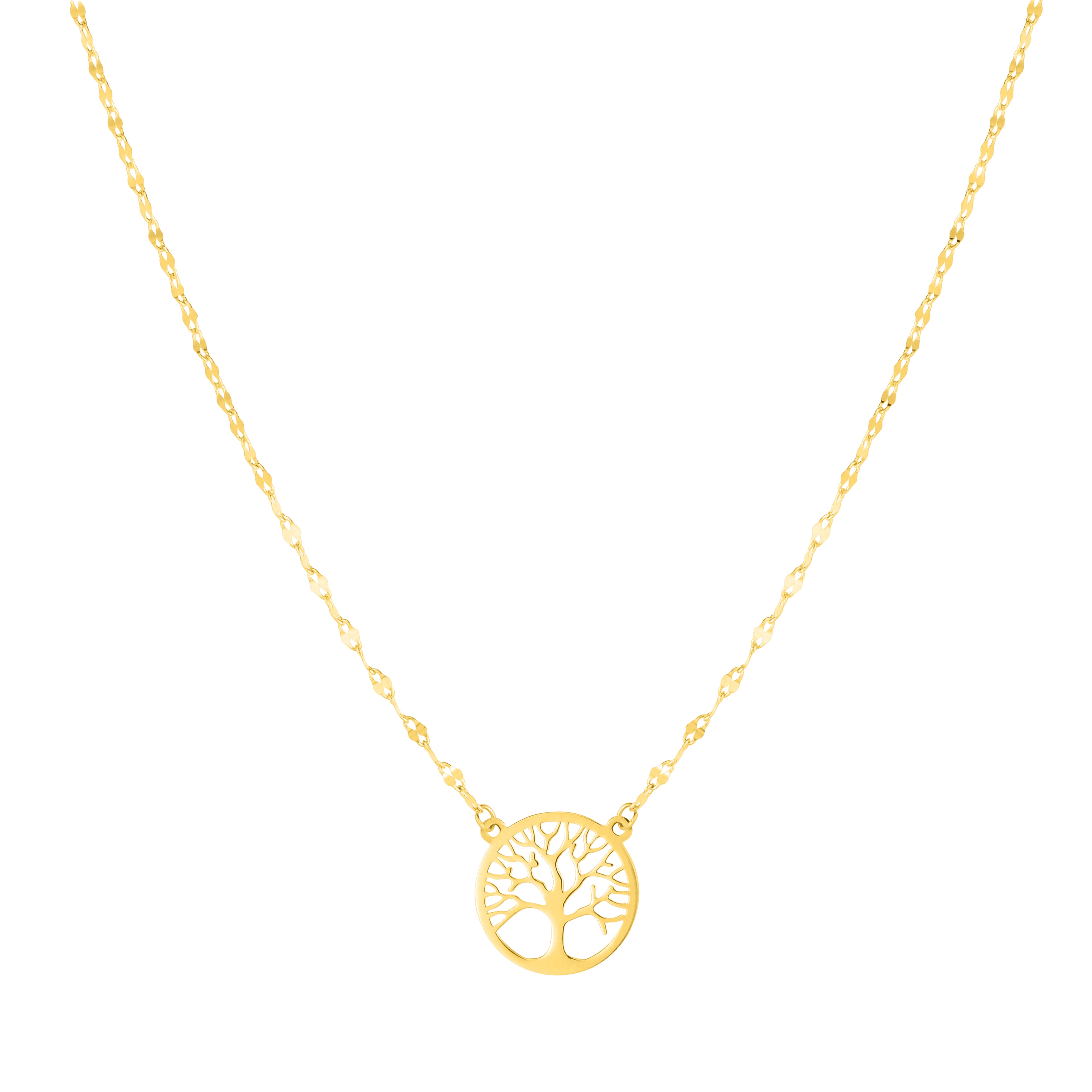 14K Yellow Gold 18" Tree of Life on Mirror Chain Necklace