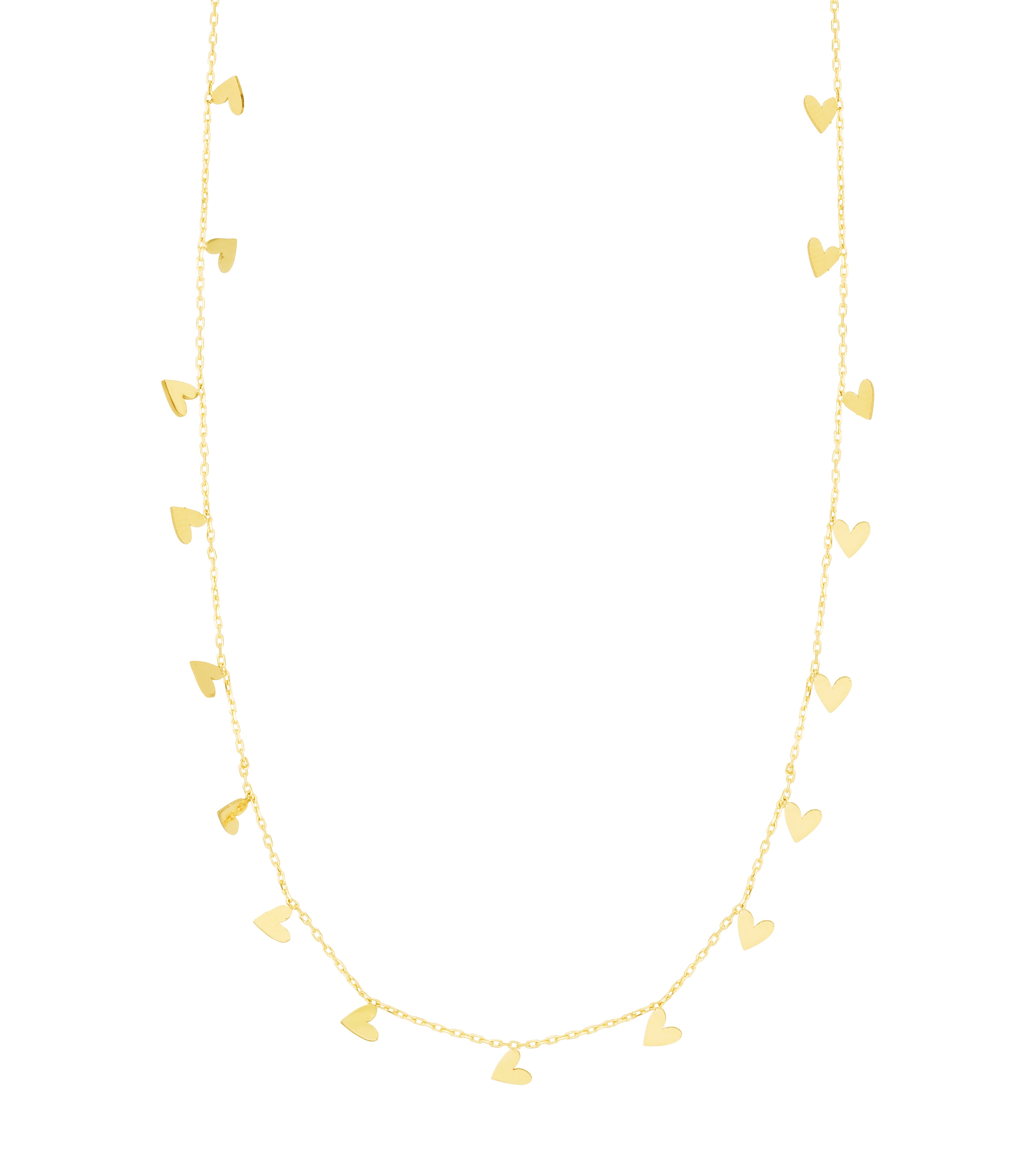  14K Yellow Gold Dangling Hearts 18" Necklace with Spring Ring Clasp.