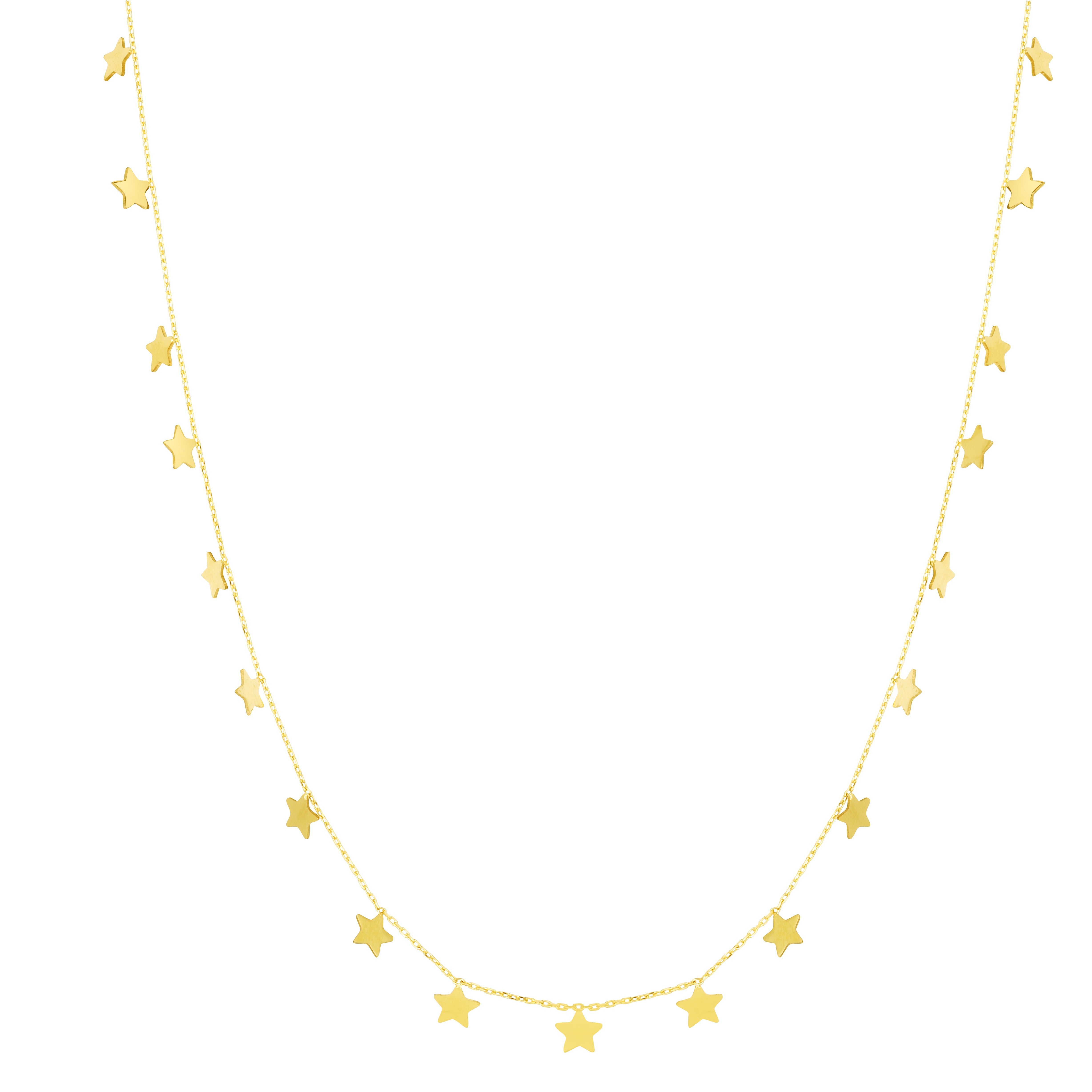  14K Yellow Gold Dangling Stars 18" Necklace with Spring Ring Clasp.