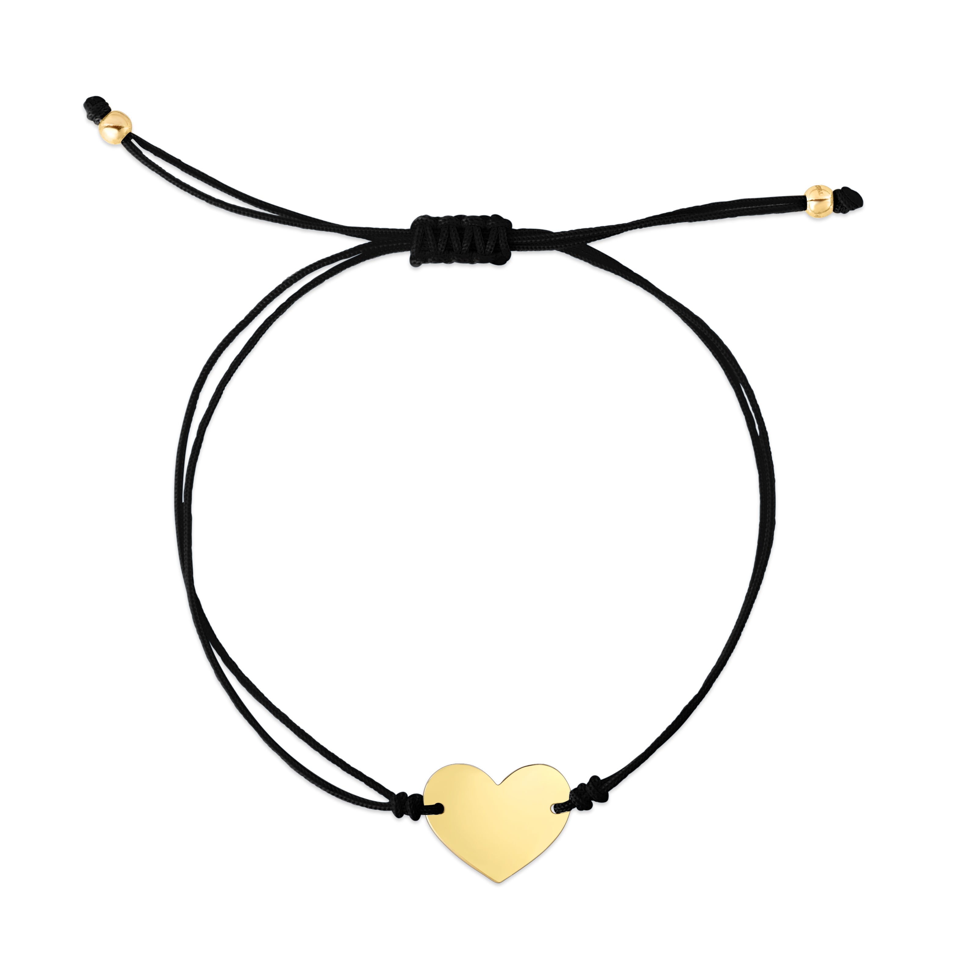 14K Yellow Gold 9.25" Black Cord Engravable Heart Friendship Bracelet