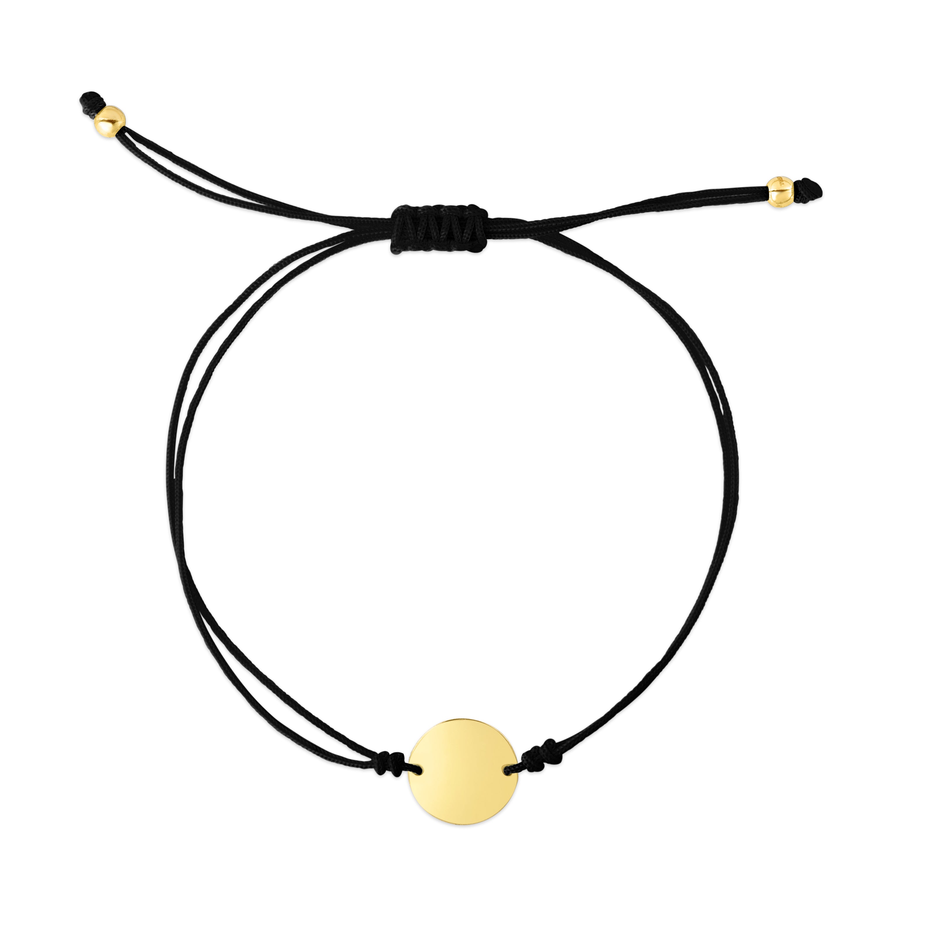 14K Yellow Gold 9.25" Black Cord Engravable Circle Friendship Bracelet