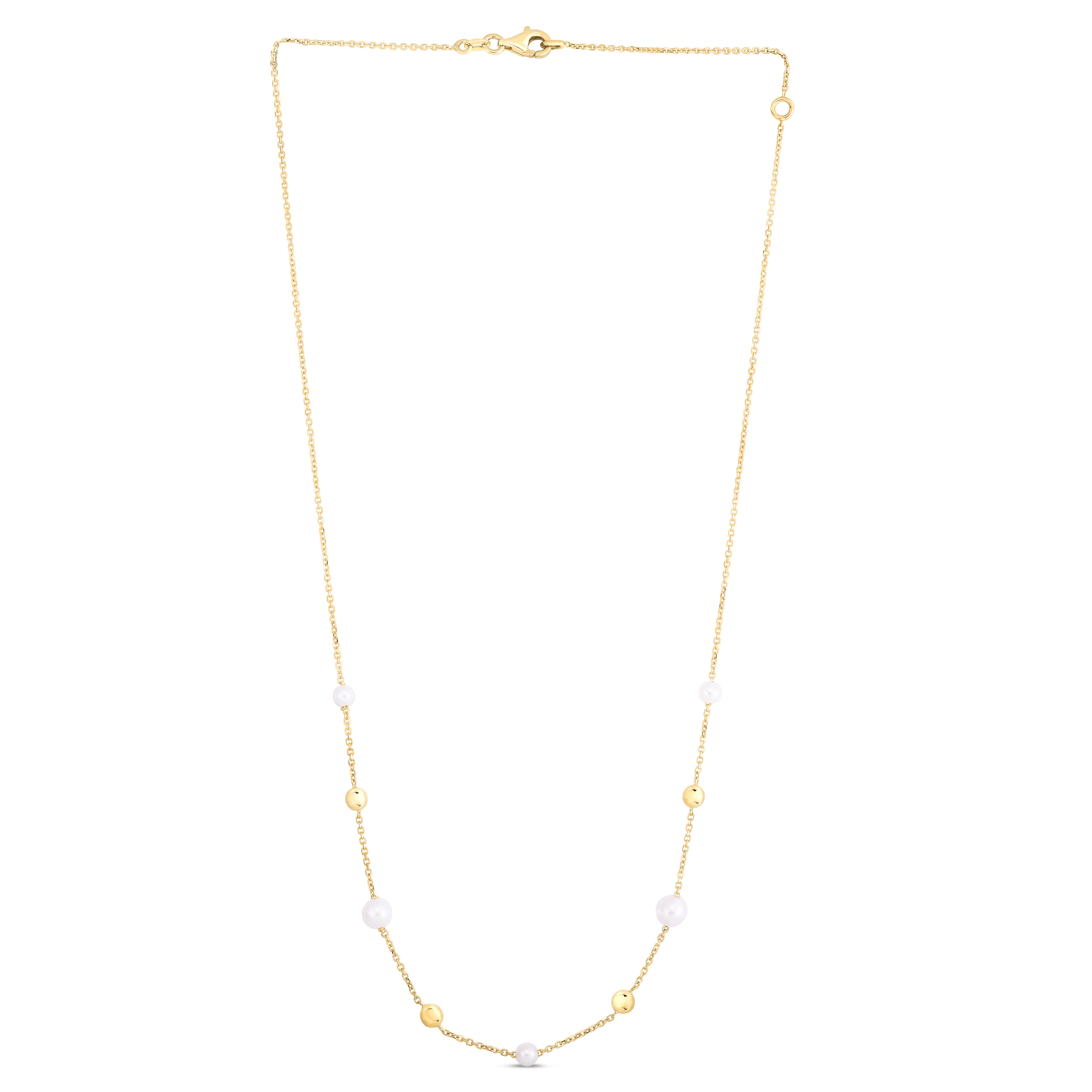 14K Yellow Gold & Pearl Polished Tin Cup Station Necklace with Lobster Clasp. Total length 18" with jump ring at 16."