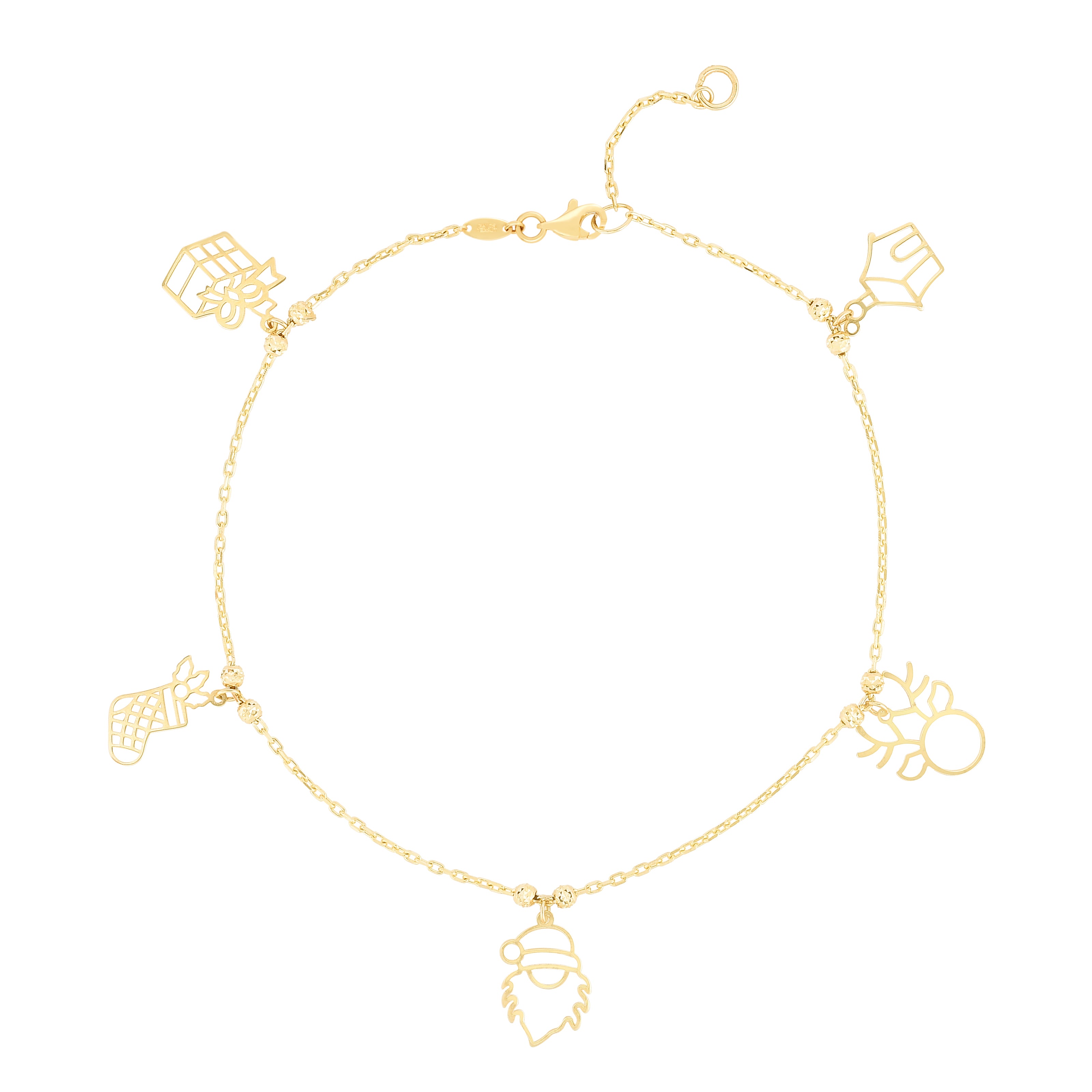 14K Yellow Gold Holiday Charm Bracelet with Ring at 6.5" & Closure at 7"