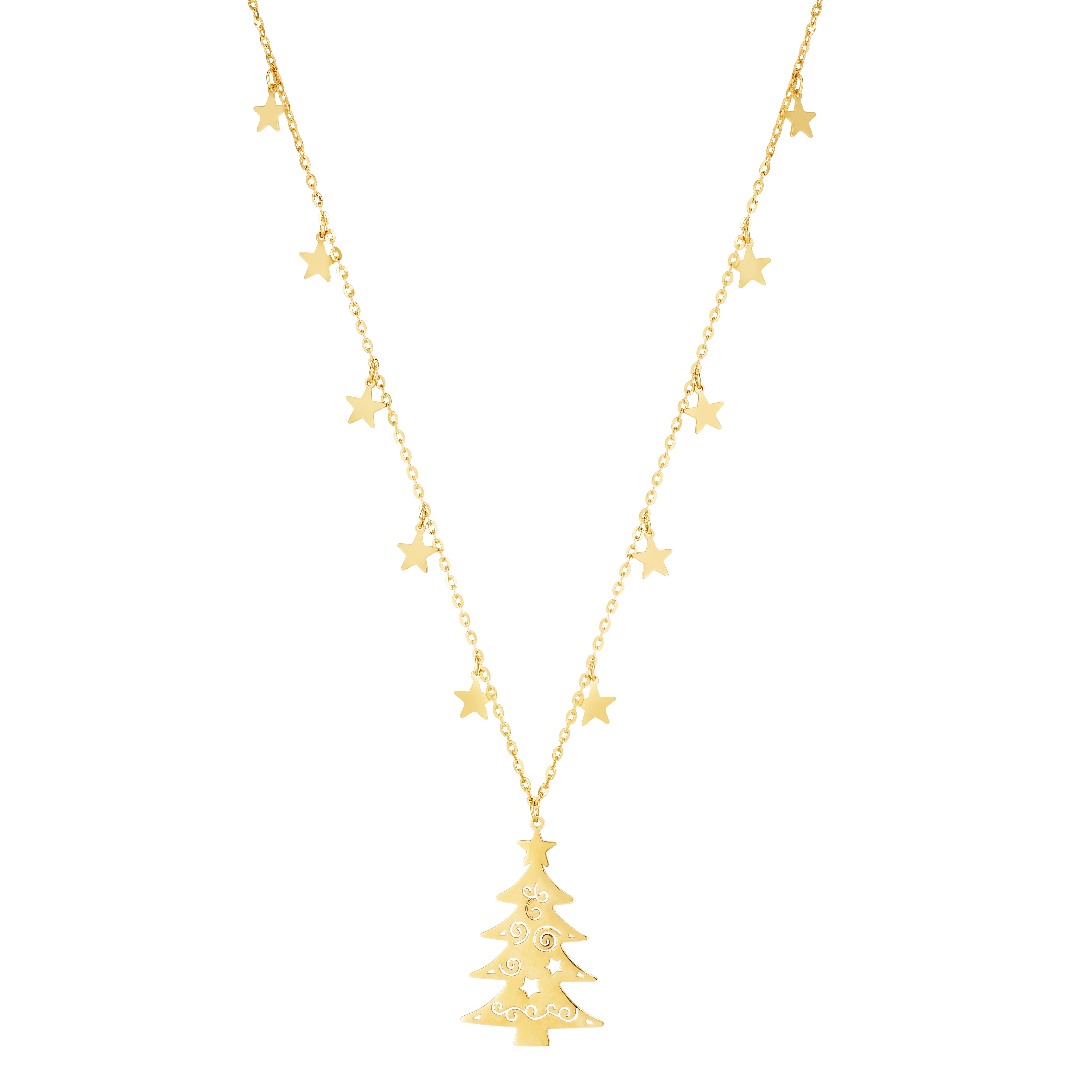 14K Yellow Gold Starry Night Tree Necklace with Ring at 14", 16", and 18"