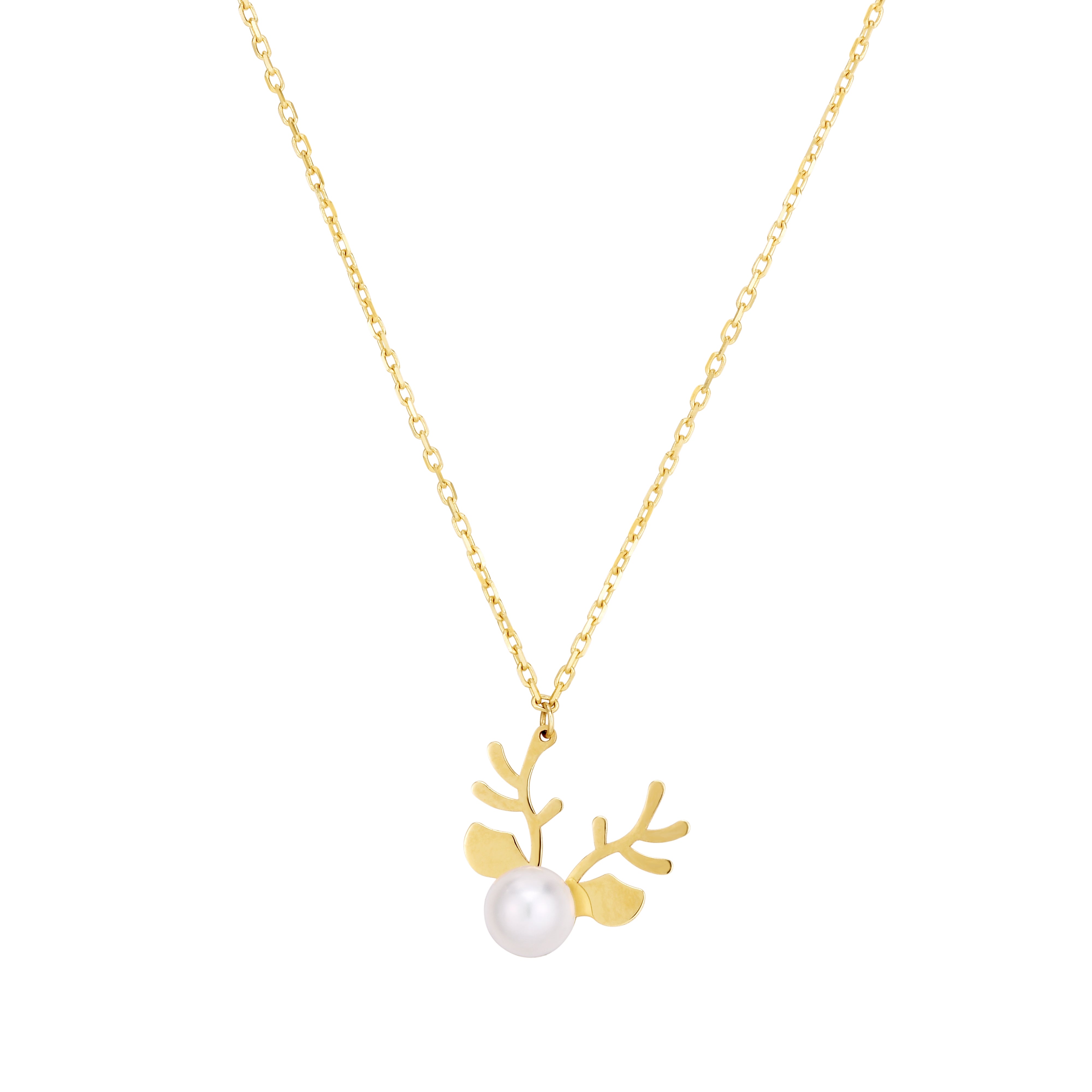 14K Yellow Gold Polished Reindeer with Freshwater Pearl Necklace with ring at 14", 16", and 18"