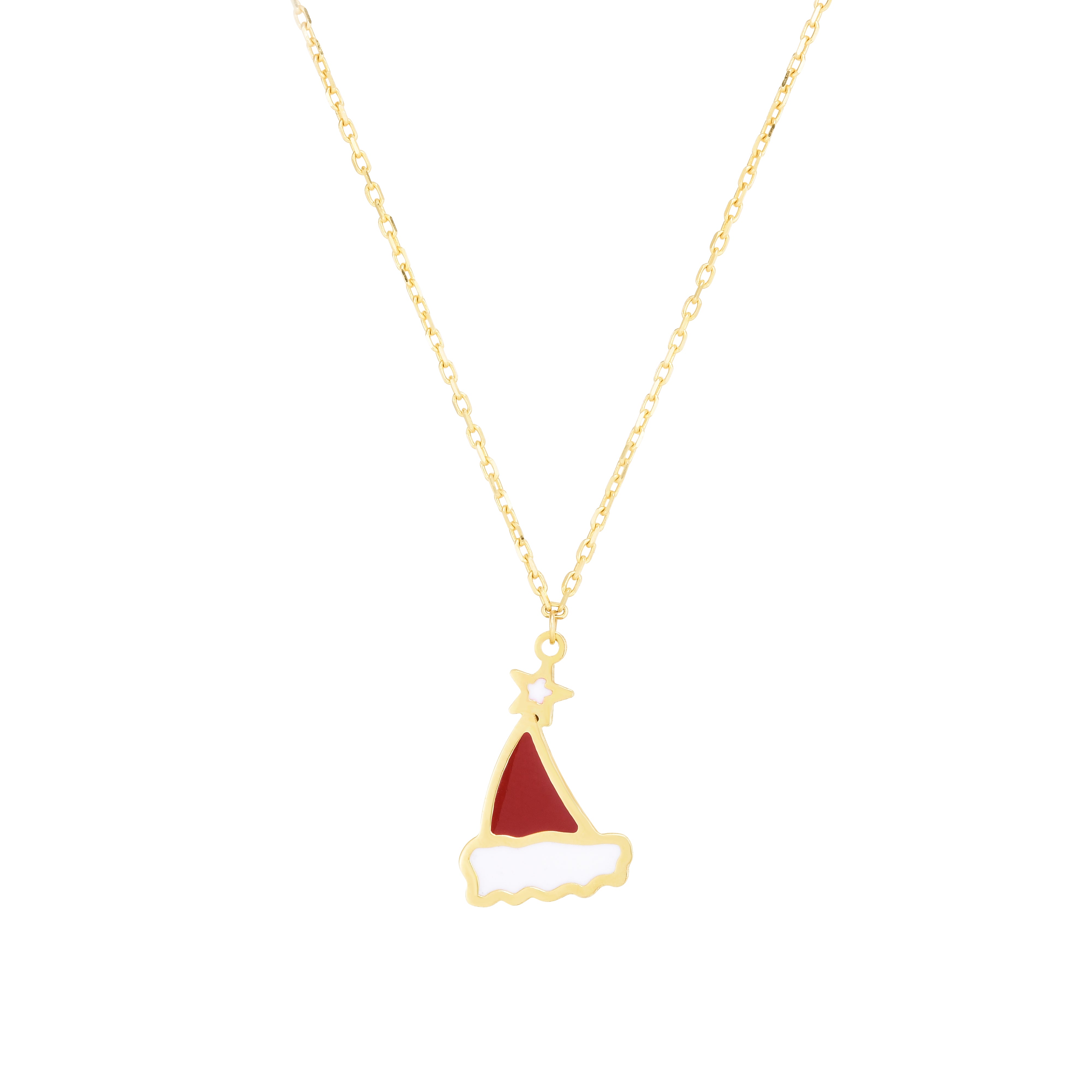 14K Yellow Gold Enamel Santa Hat Necklace with Ring at 14", 16", and 18"