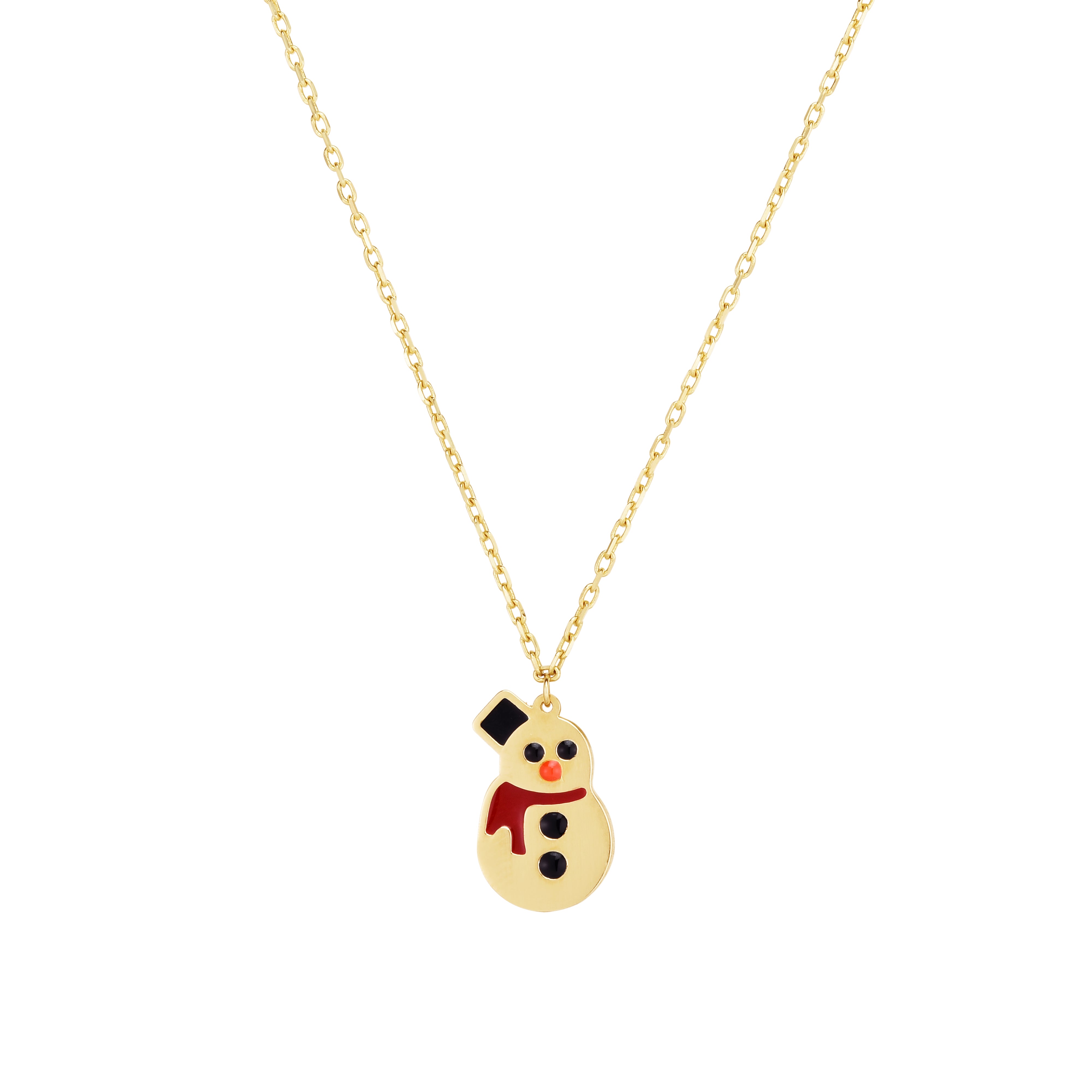 14K Yellow Gold Enamel Frosty the Snowman Necklace with Ring at 14", 16", and 18"