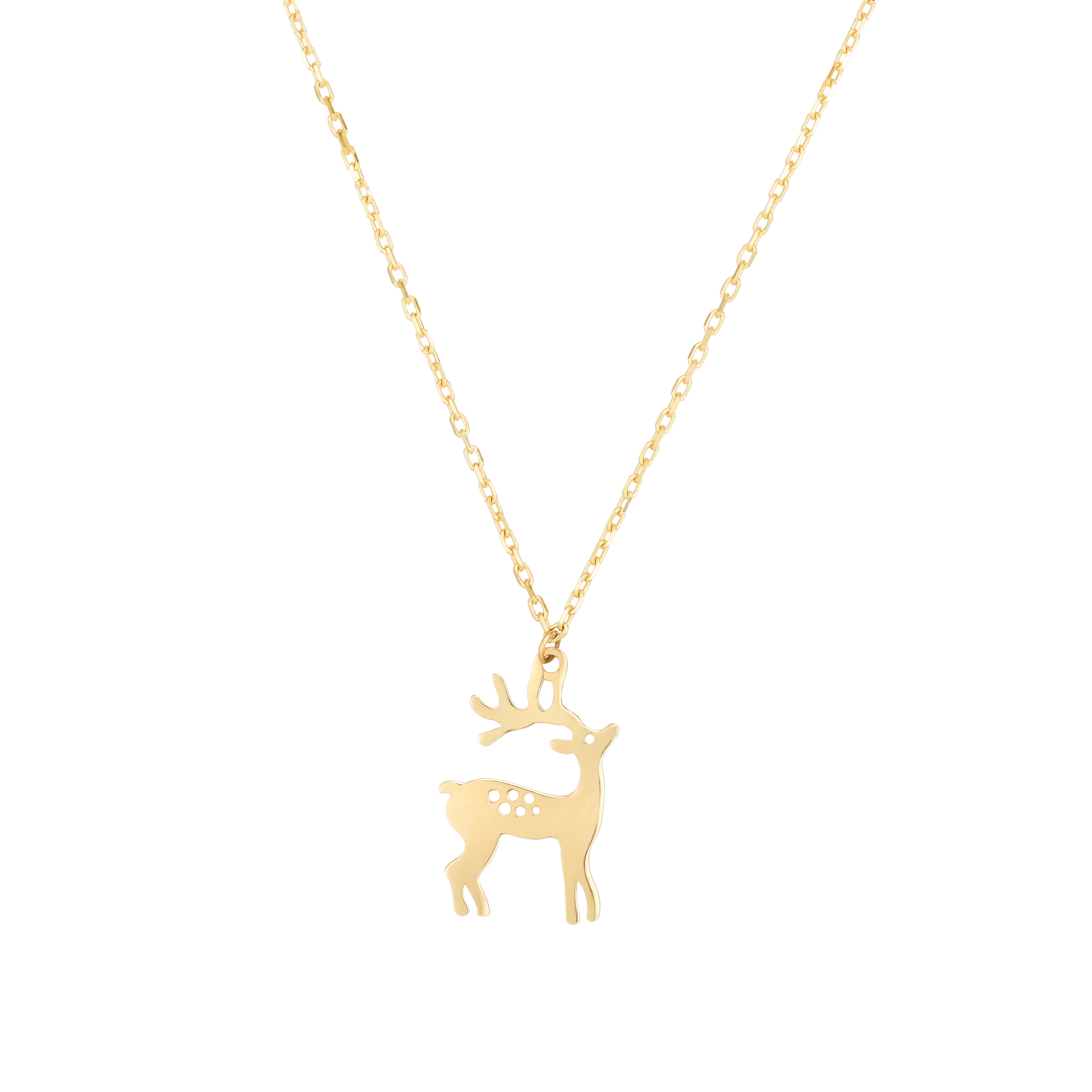 14K Yellow Gold Polished Reindeer Necklace with Ring at 14", 16", 18"