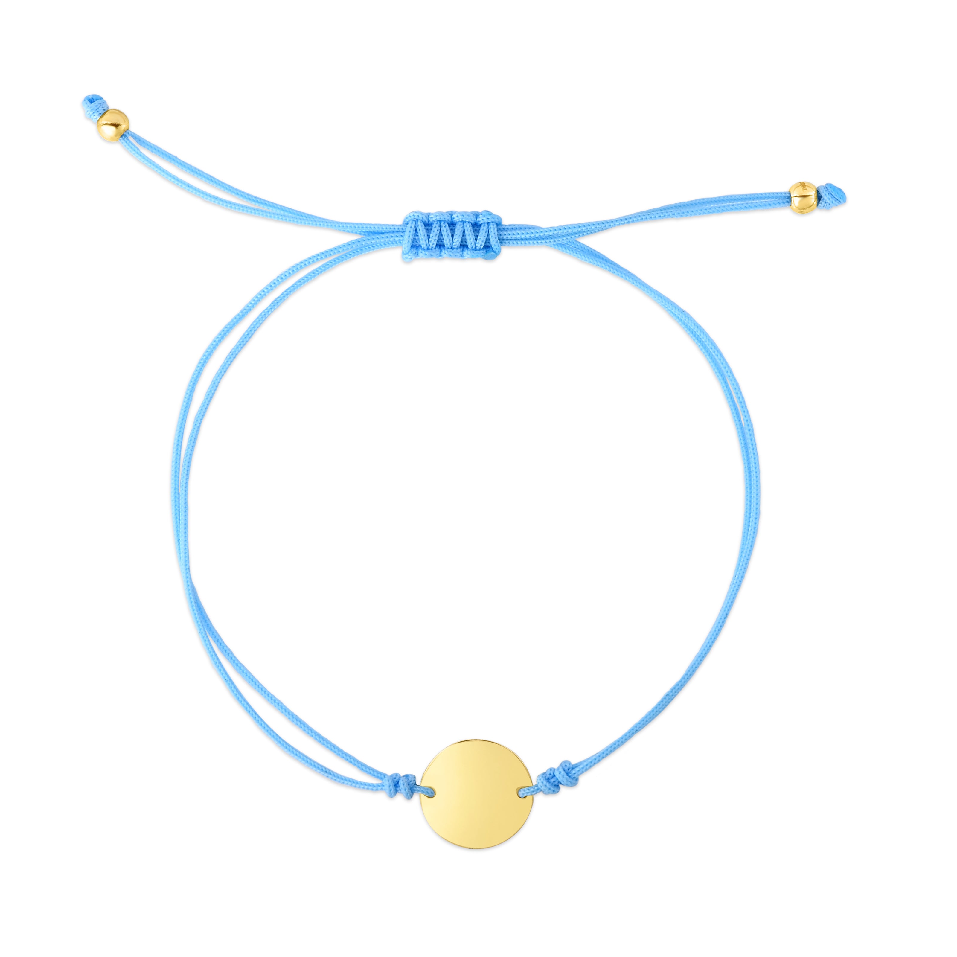 14K Yellow Gold 9.25" Blue Cord Engravable Circle Friendship Bracelet