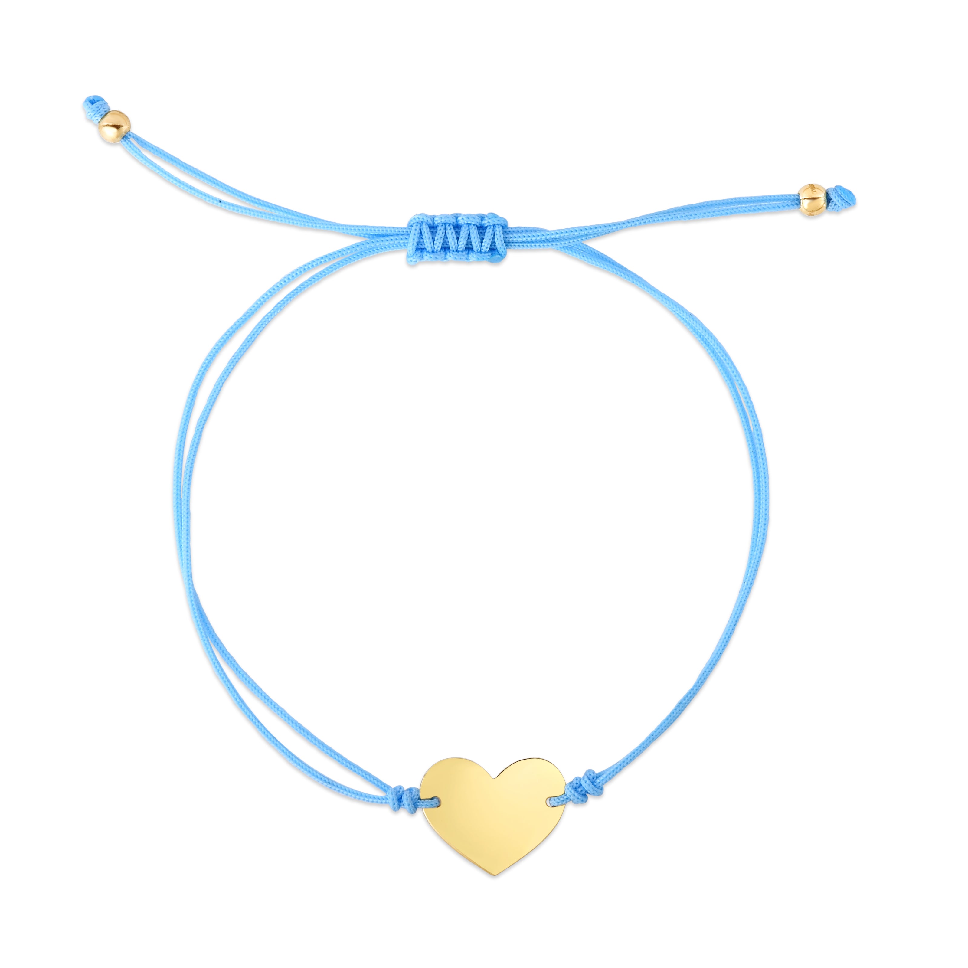 14K Yellow Gold 9.25" Blue Cord Engravable Heart Friendship Bracelet