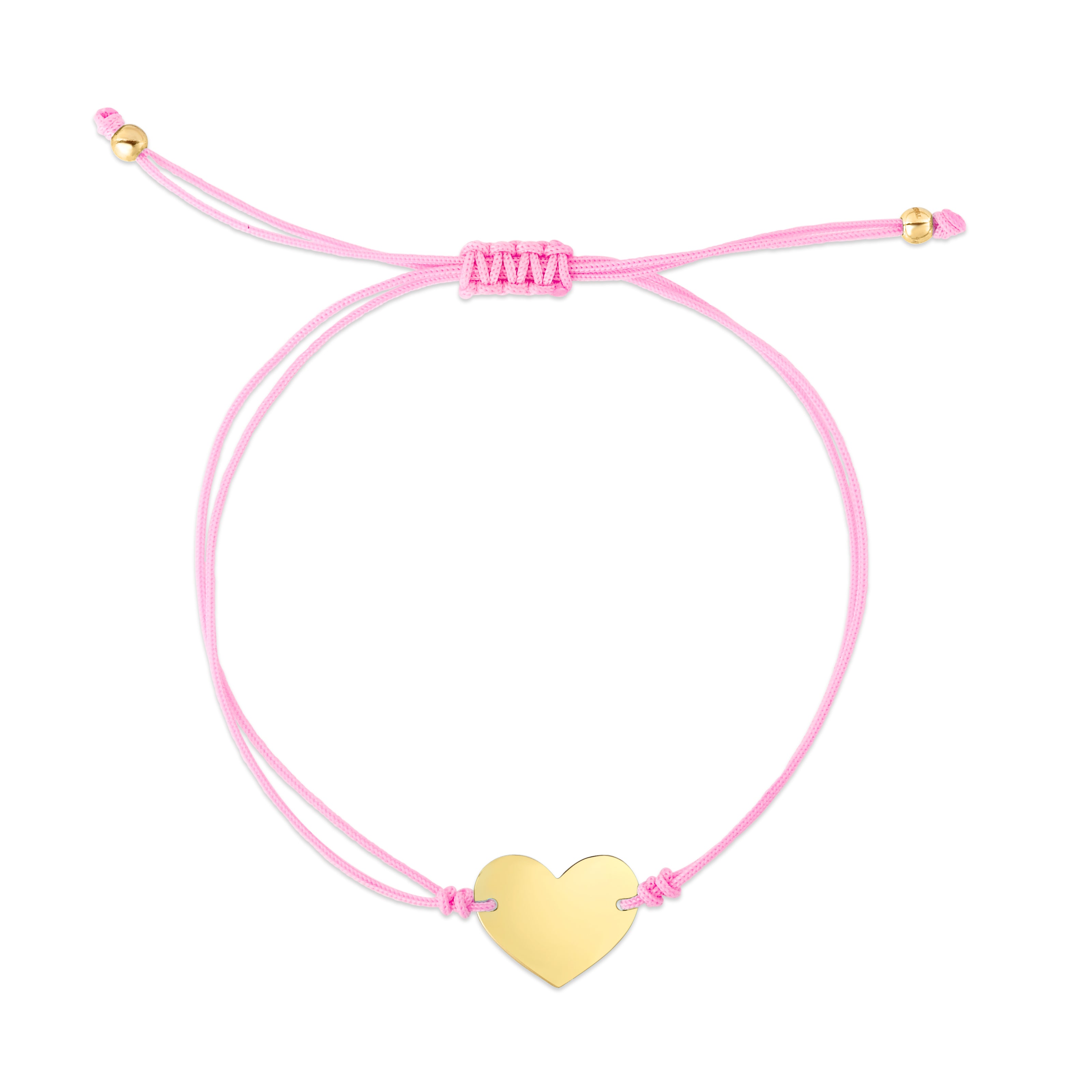 14K Yellow Gold 9.25" Pink Cord Engravable Heart Friendship Bracelet