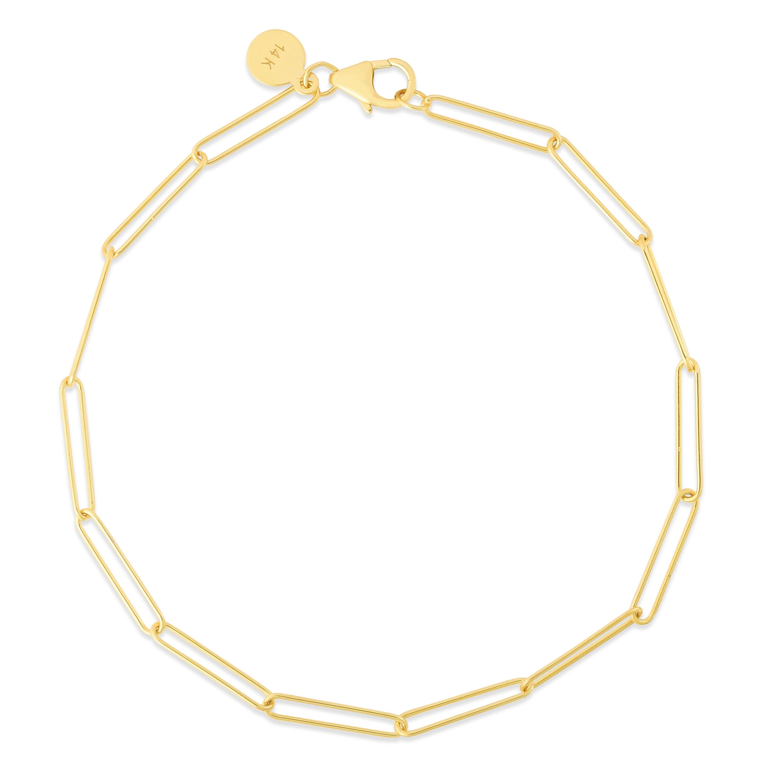 14K Yellow Gold 7" Lungo Paperclip Chain Bracelet with Pear Shaped Lobster Clasp.