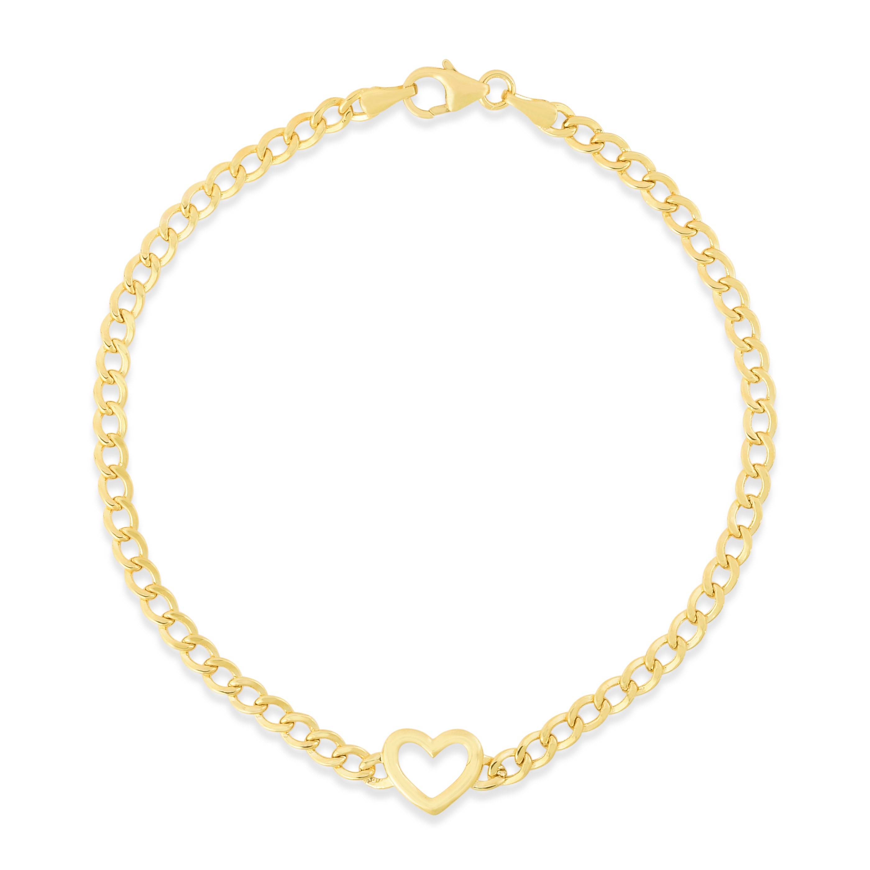 14K Yellow Gold 7" Polished Heart Curb Chain Bracelet with Lobster Clasp.