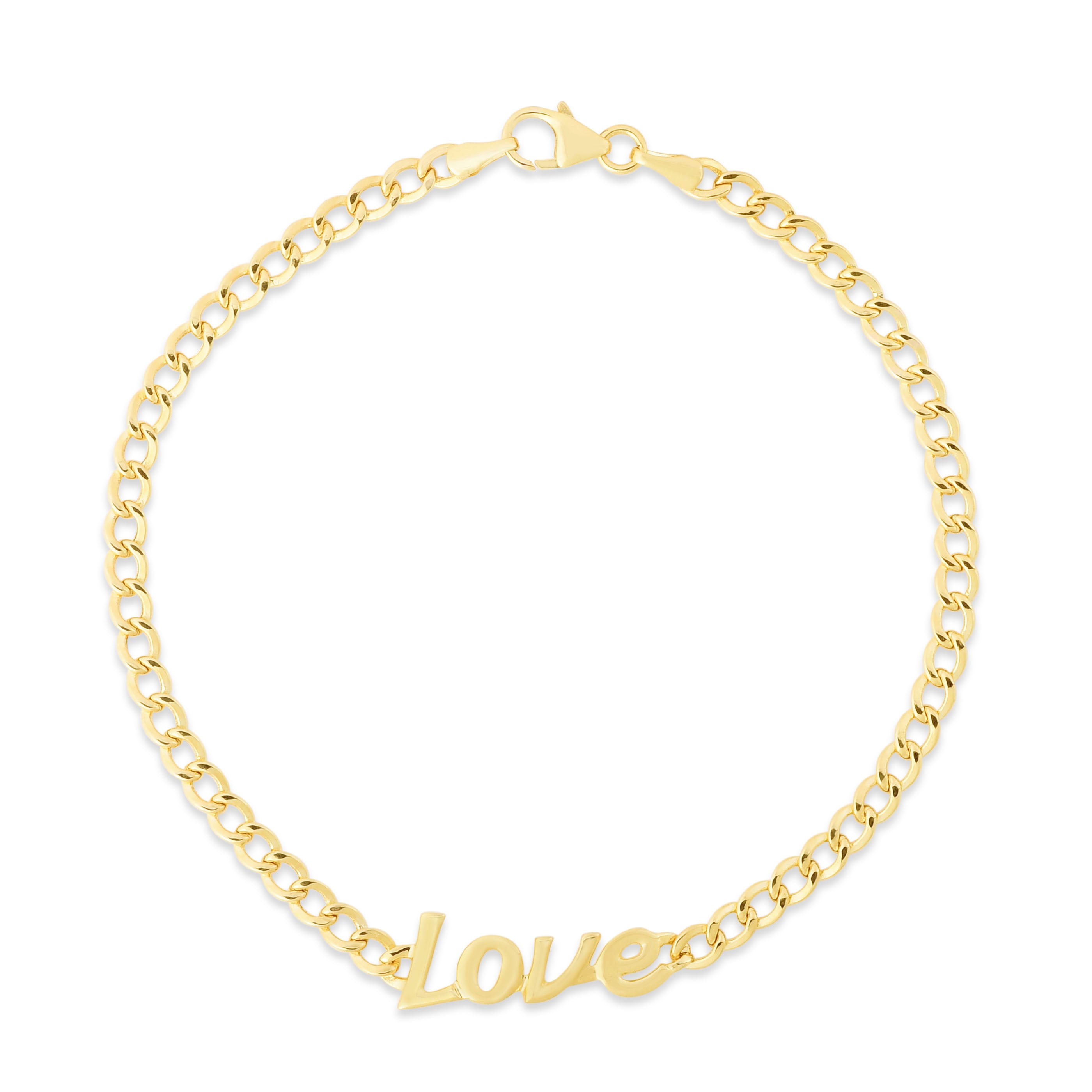 14K Yellow Gold 7" Polished "Love" Curb Chain Bracelet with Lobster Clasp.