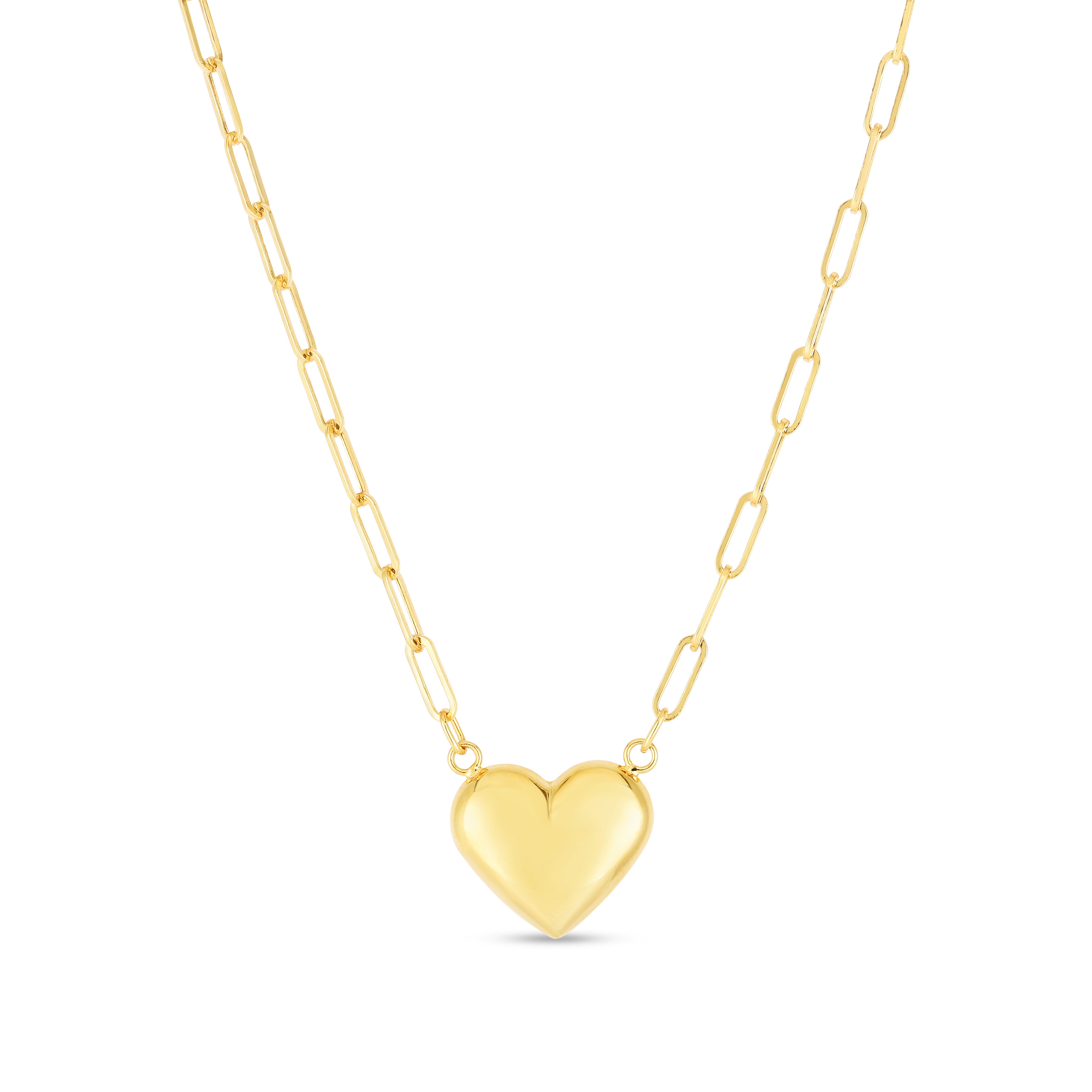 14K Yellow Gold 18" Puffed Heart Necklace on 2.5mm Paperclip Chain