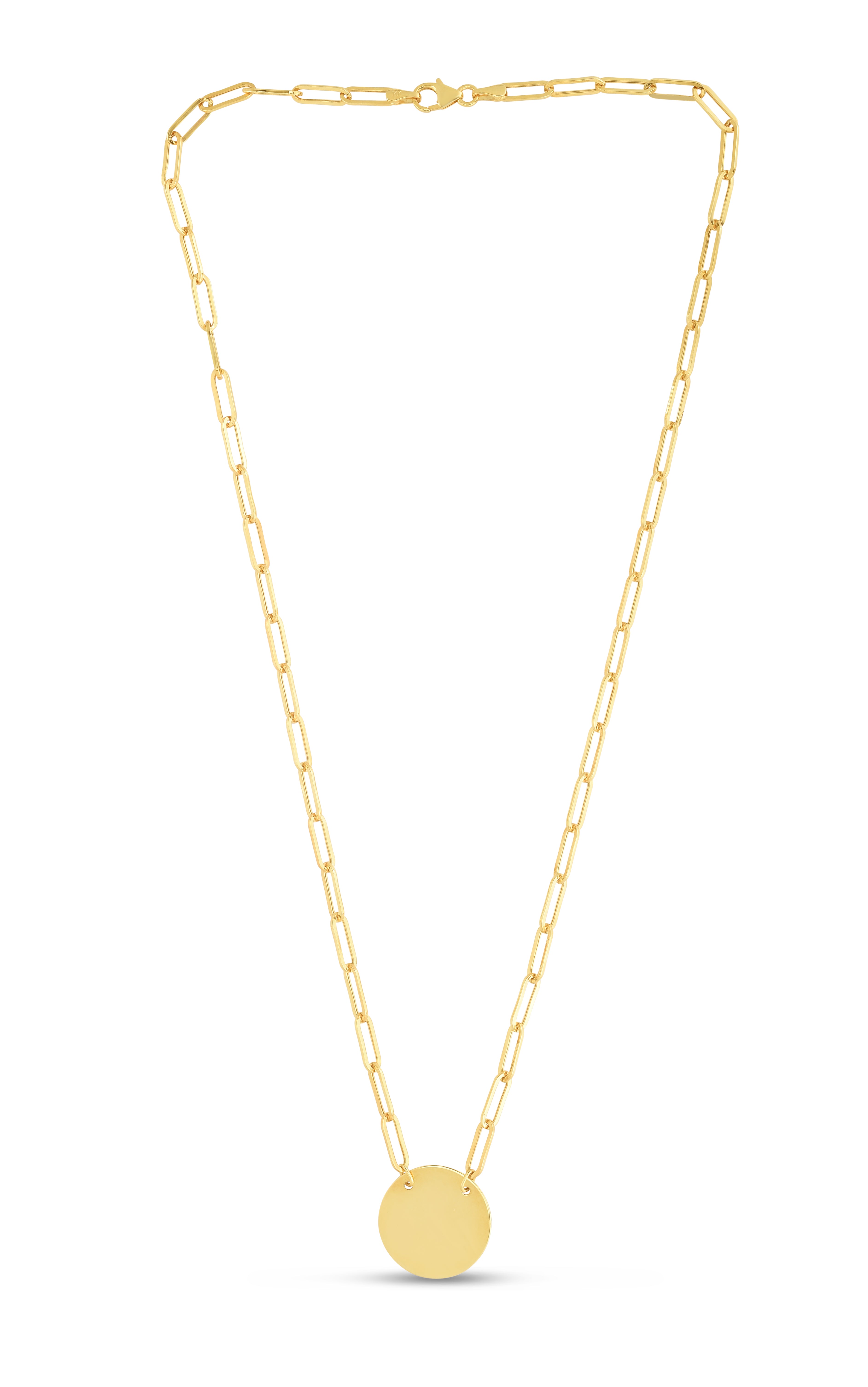 14K Yellow Gold 18" Disc Circle Necklace on Paperclip Chain