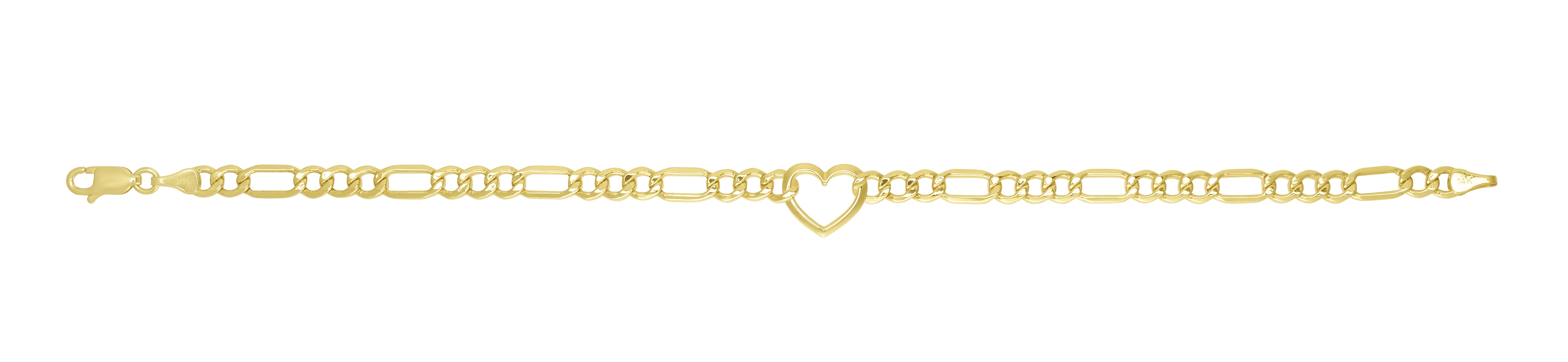 14K Yellow Gold Heart Figaro Chain 7" Bracelet