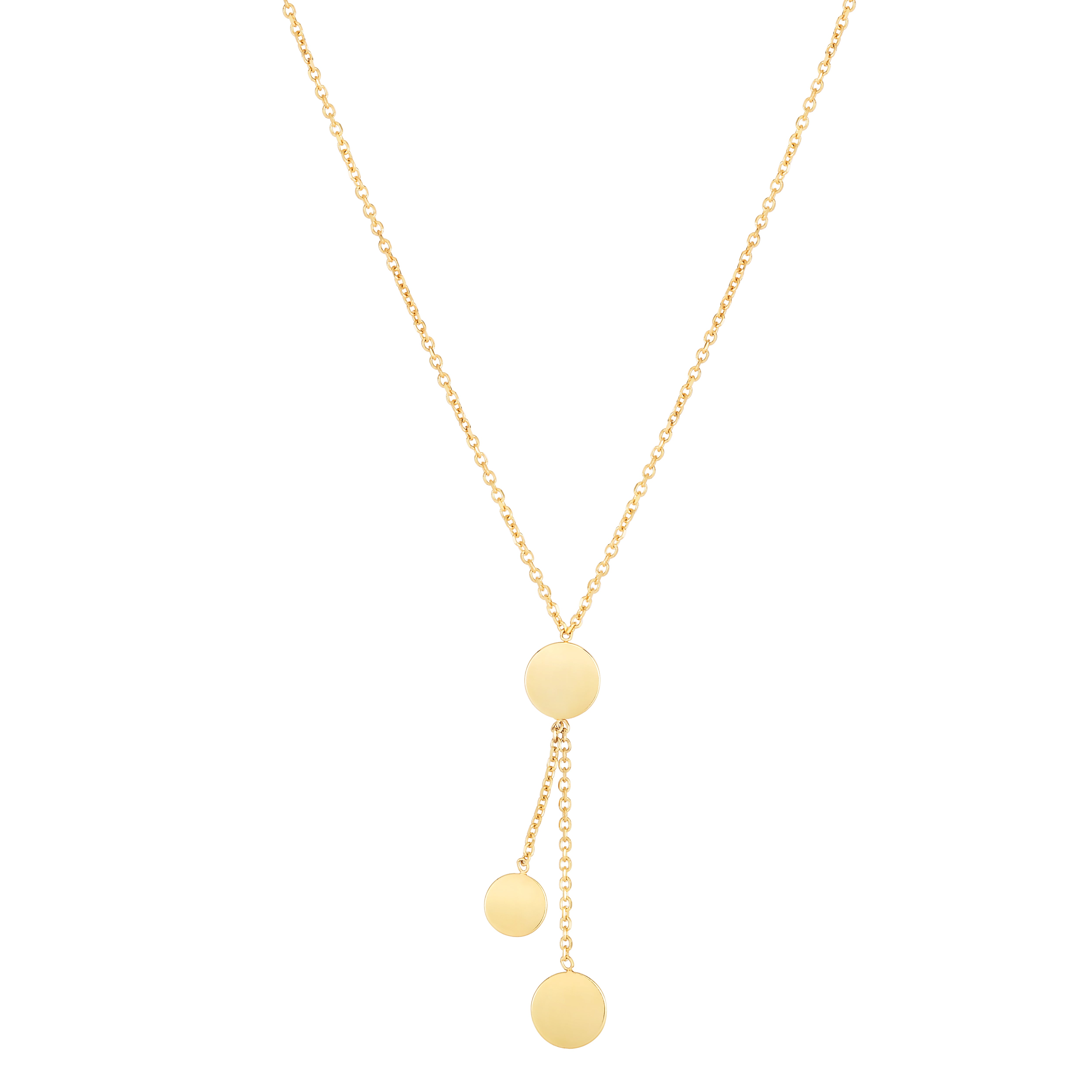 14K Yellow Gold 18" Round Drop Discs Tassle Necklace