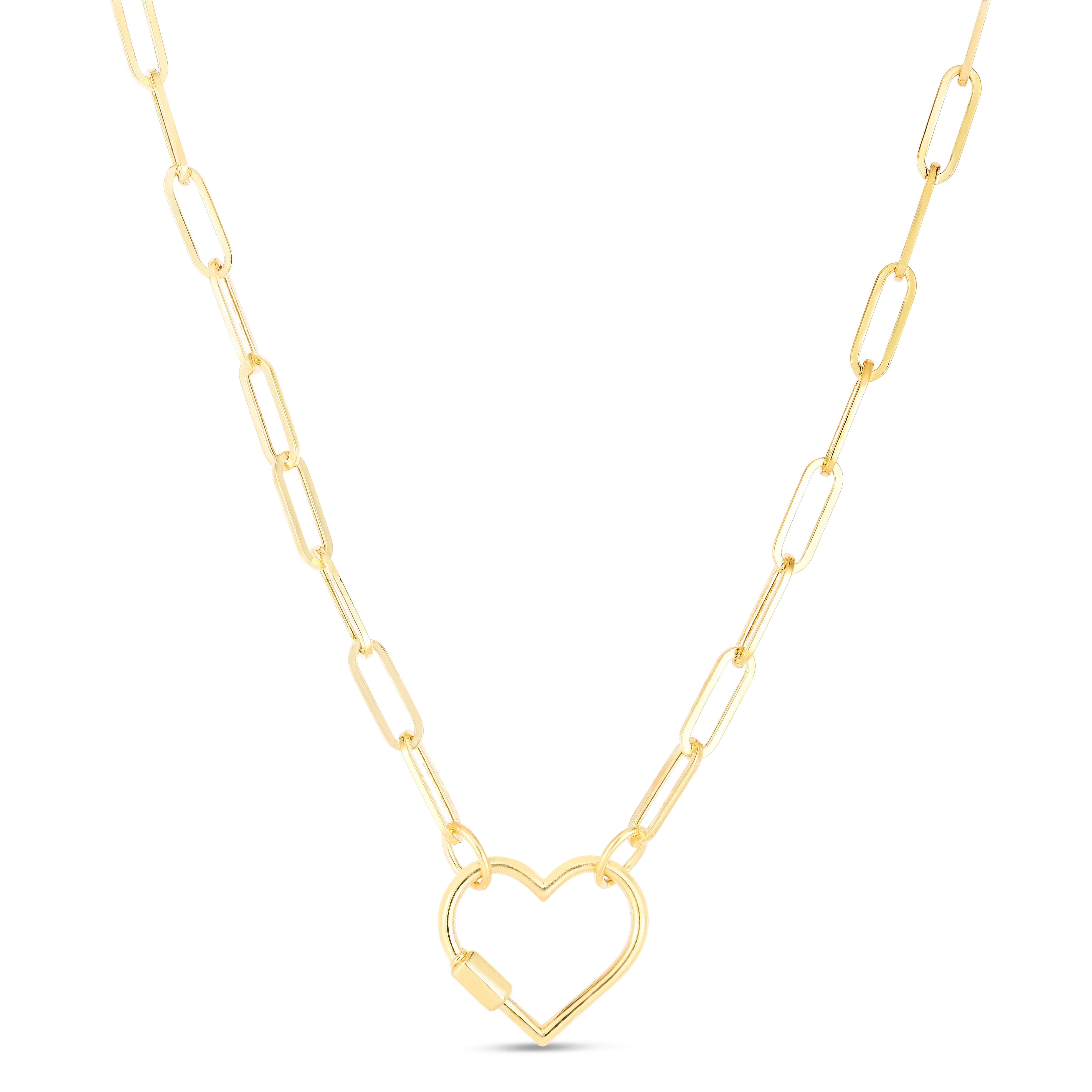 14K Yellow Gold 18" Heart Carabiner Clasp Paperclip Chain Necklace