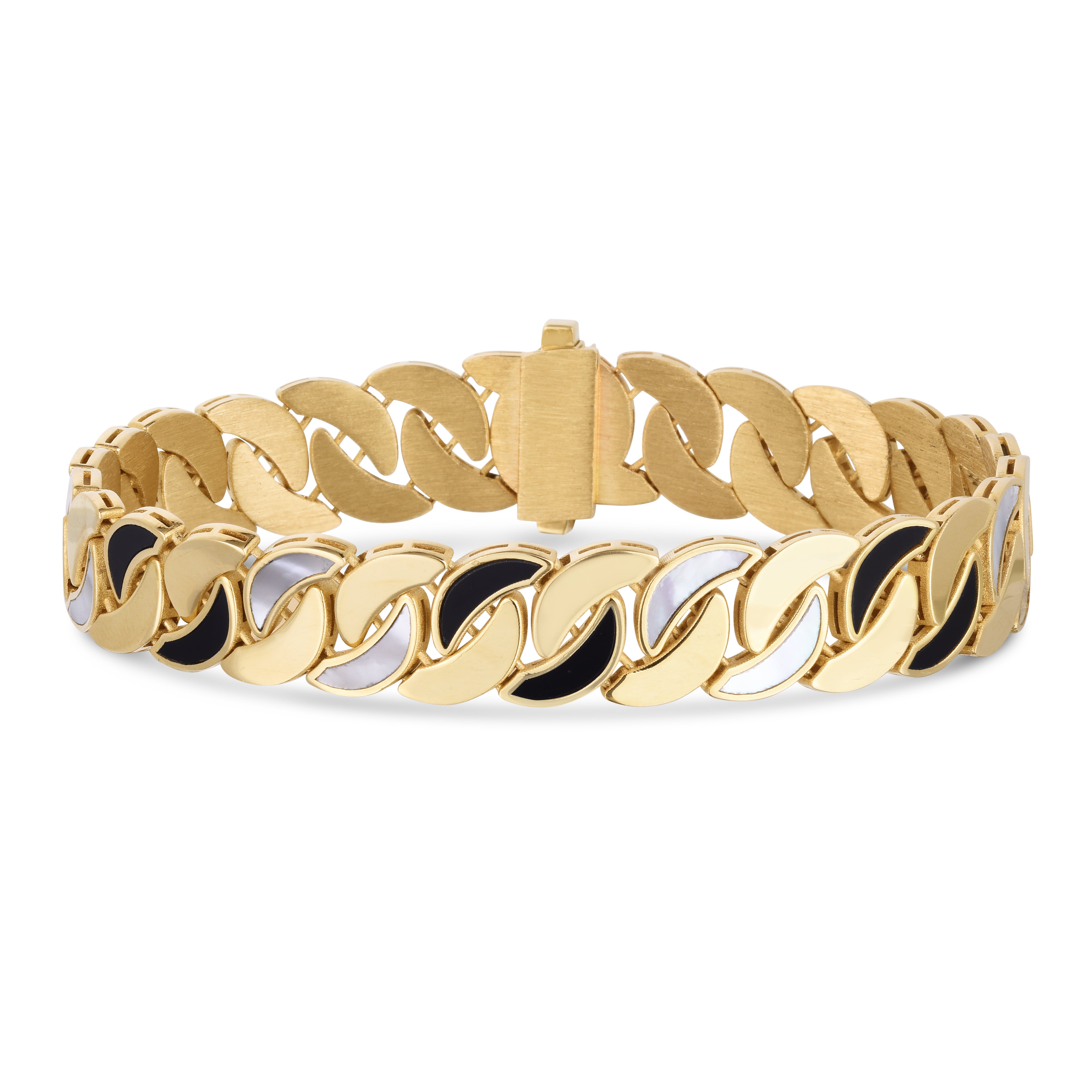 14K Yellow Gold Cuban Link 7.25" Bracelet with Mother of Pearl & Paste of Onyx gemstone accents.  Snap Clasp Closure.