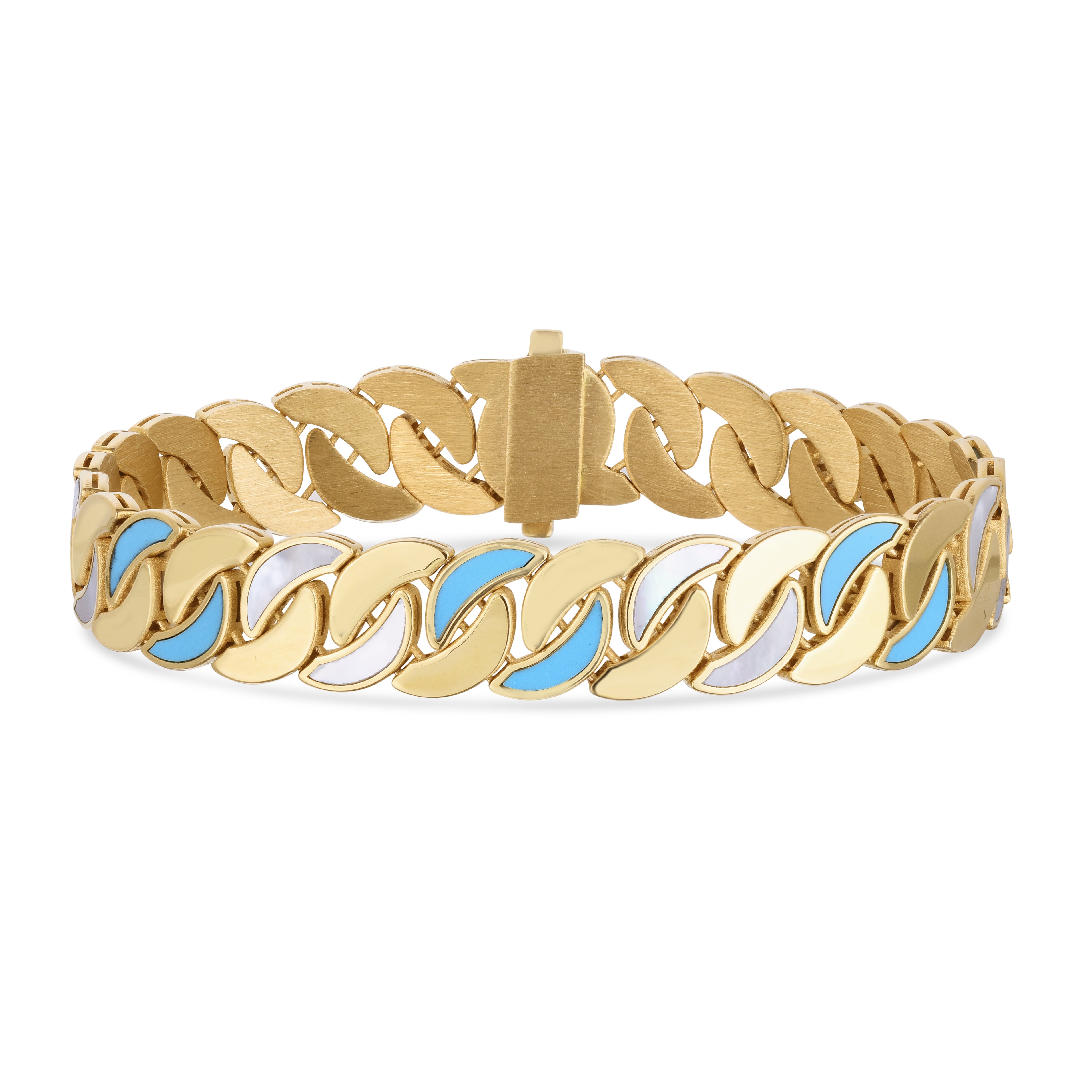 14K Yellow Gold Curb Link 7.25" Bracelet with Mother of Pearl & reconstituted Turquoise gemstone accents.  Snap Clasp Closure.