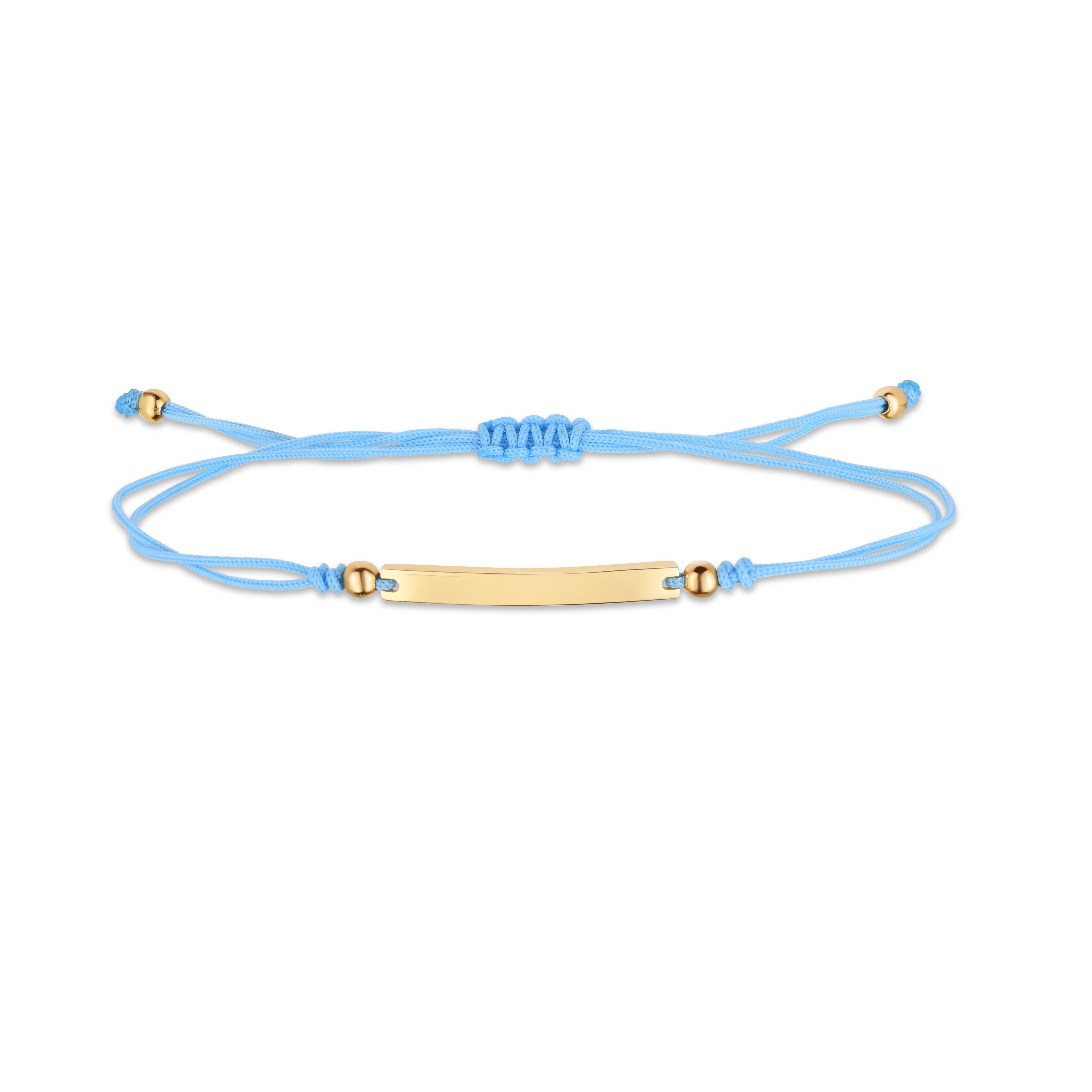 14K Yellow Gold Bar Blue Cord 9.25" Bracelet with Drawstring Closure