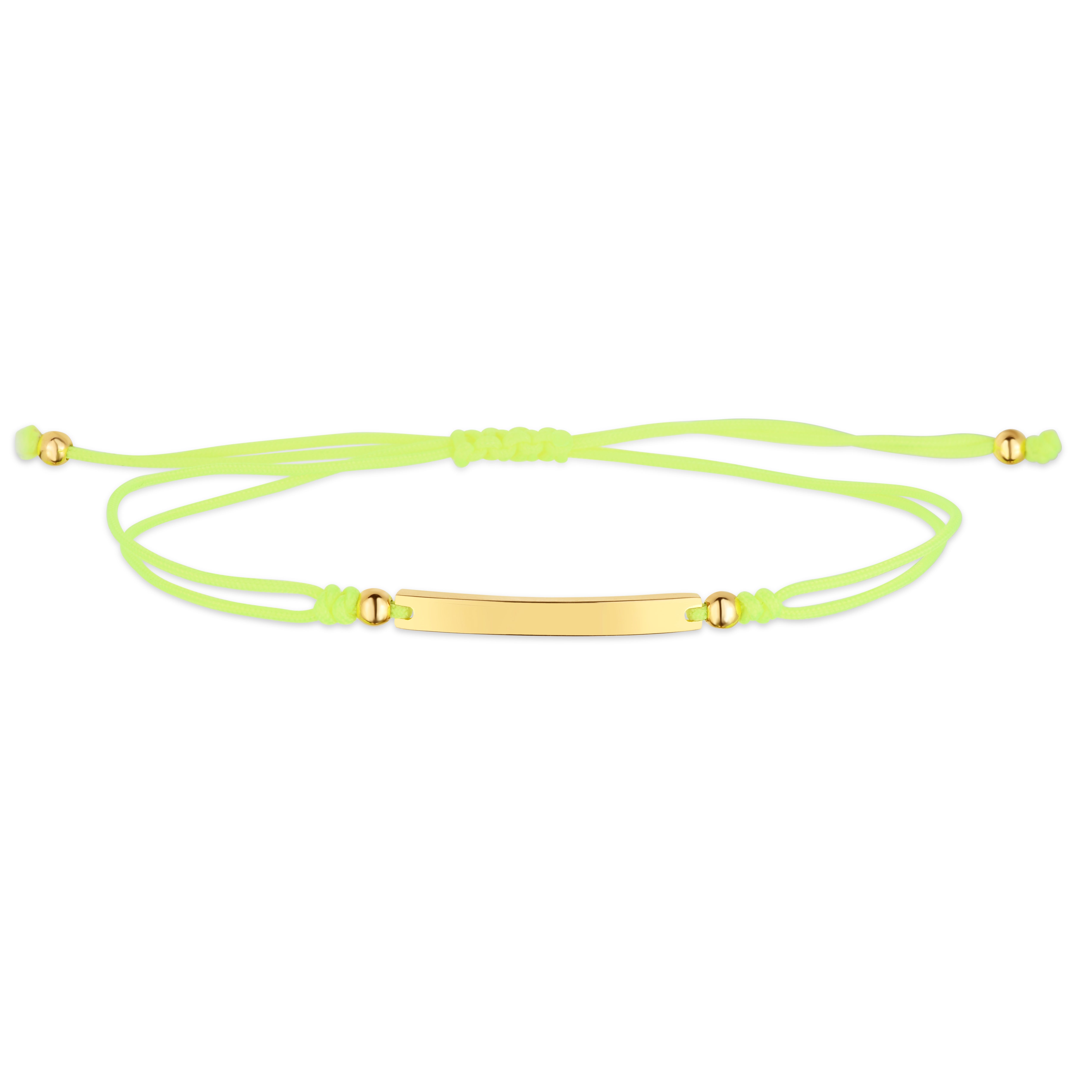 14K Yellow Gold Bar Green Cord 9.25" Bracelet with Drawstring Closure