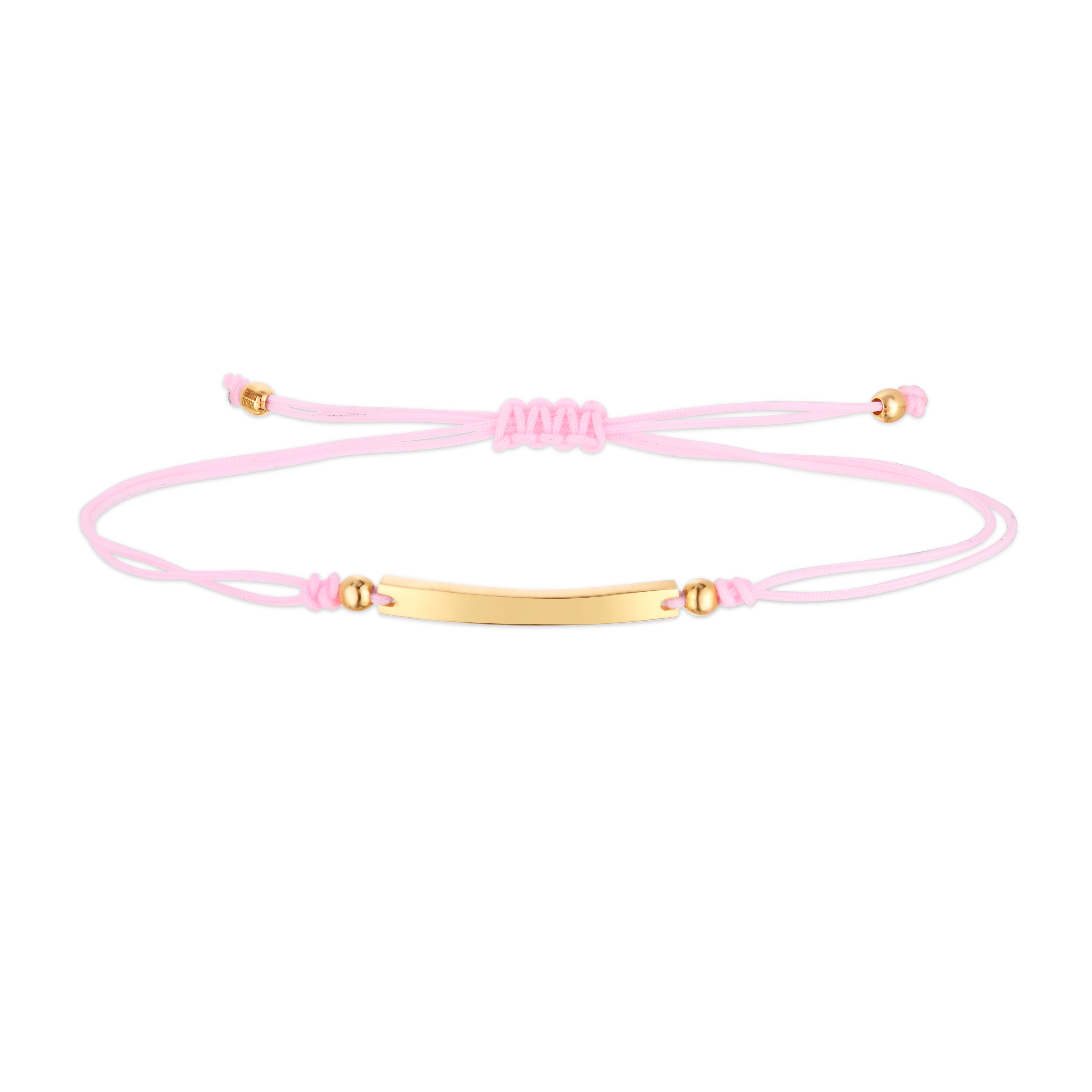 14K Yellow Gold Bar Pink Cord 9.25" Bracelet with Drawstring Closure