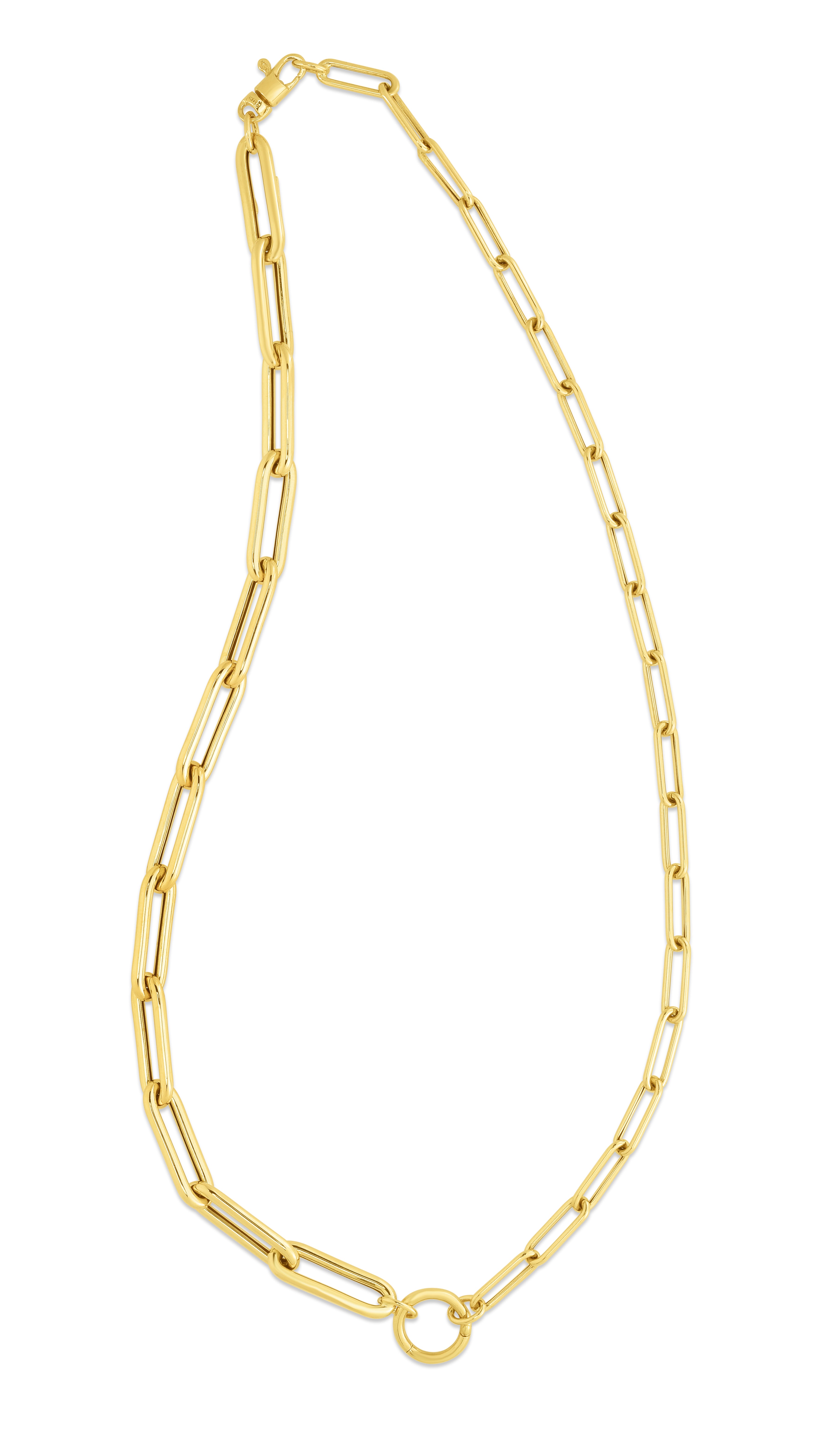 14K Yellow Gold Mixed Gauge Elongated Paperclip Link 18" Necklace with Circle Element and Lobster Clasp