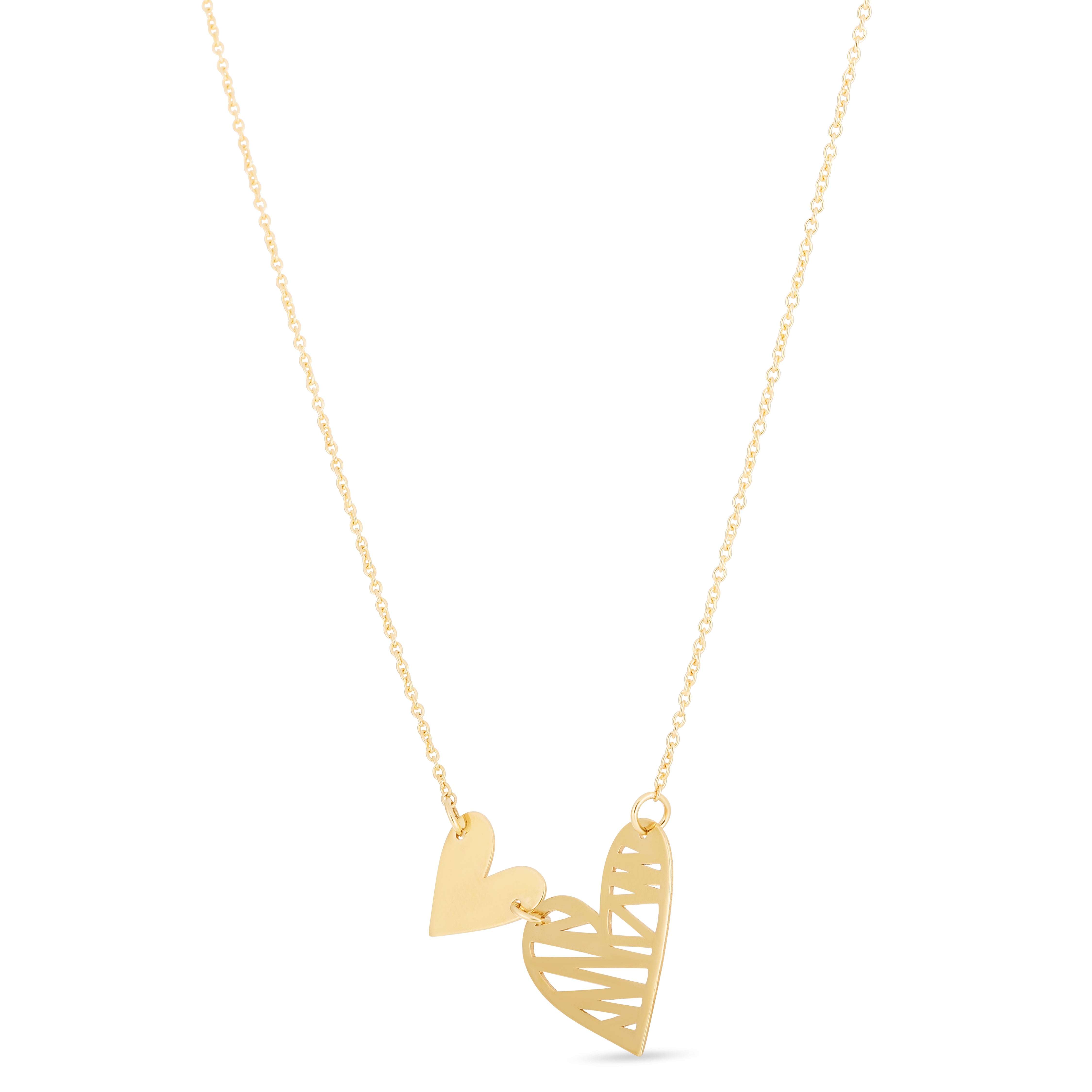 14K Yellow Gold Polished Solid & Scribble Hearts Necklace with Lobster Clasp. Total length 18" with jump ring at 16".