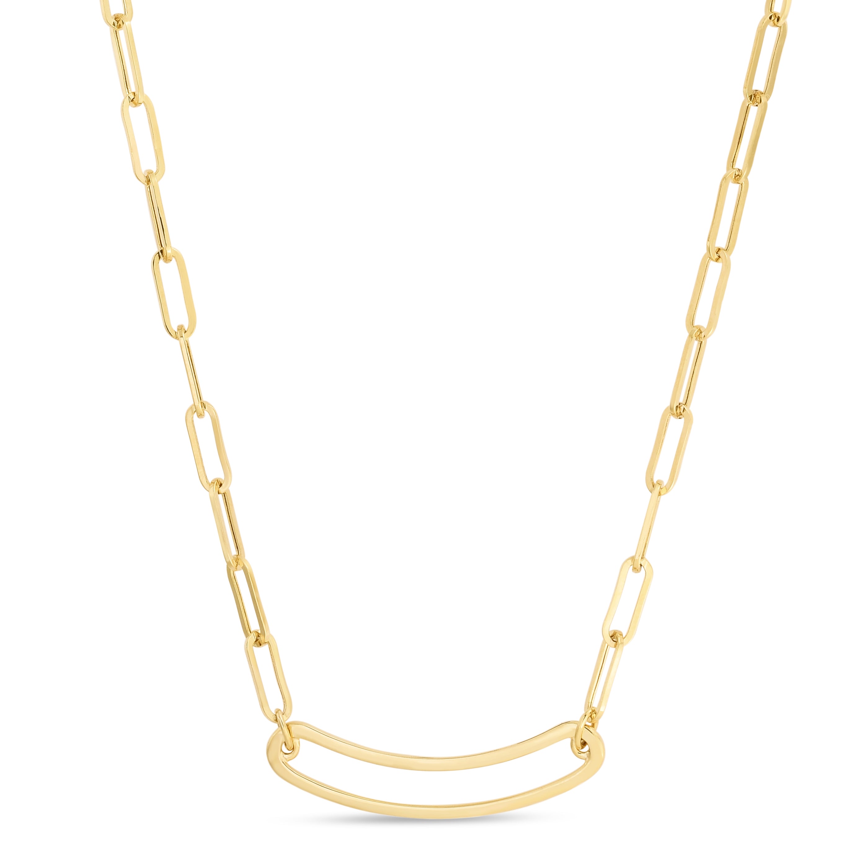 14K Yellow Gold 18" Paperclip Curved Open Bar Necklace with Lobster Clasp.