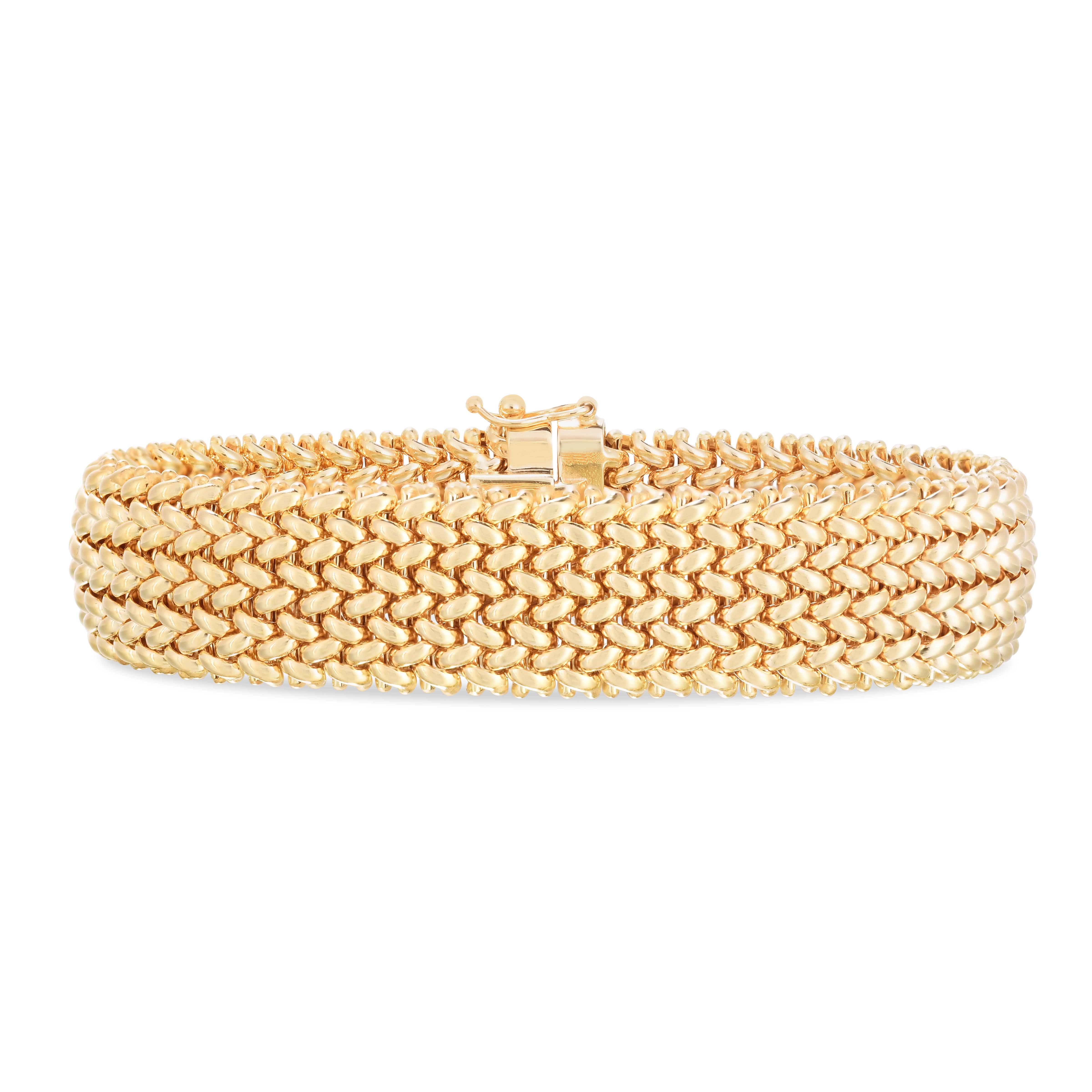 14K Yellow Gold Polished 14.5mm Thick 7" Mesh/Rice Braided Woven Bracelet with Box and Figure 8 Clasp