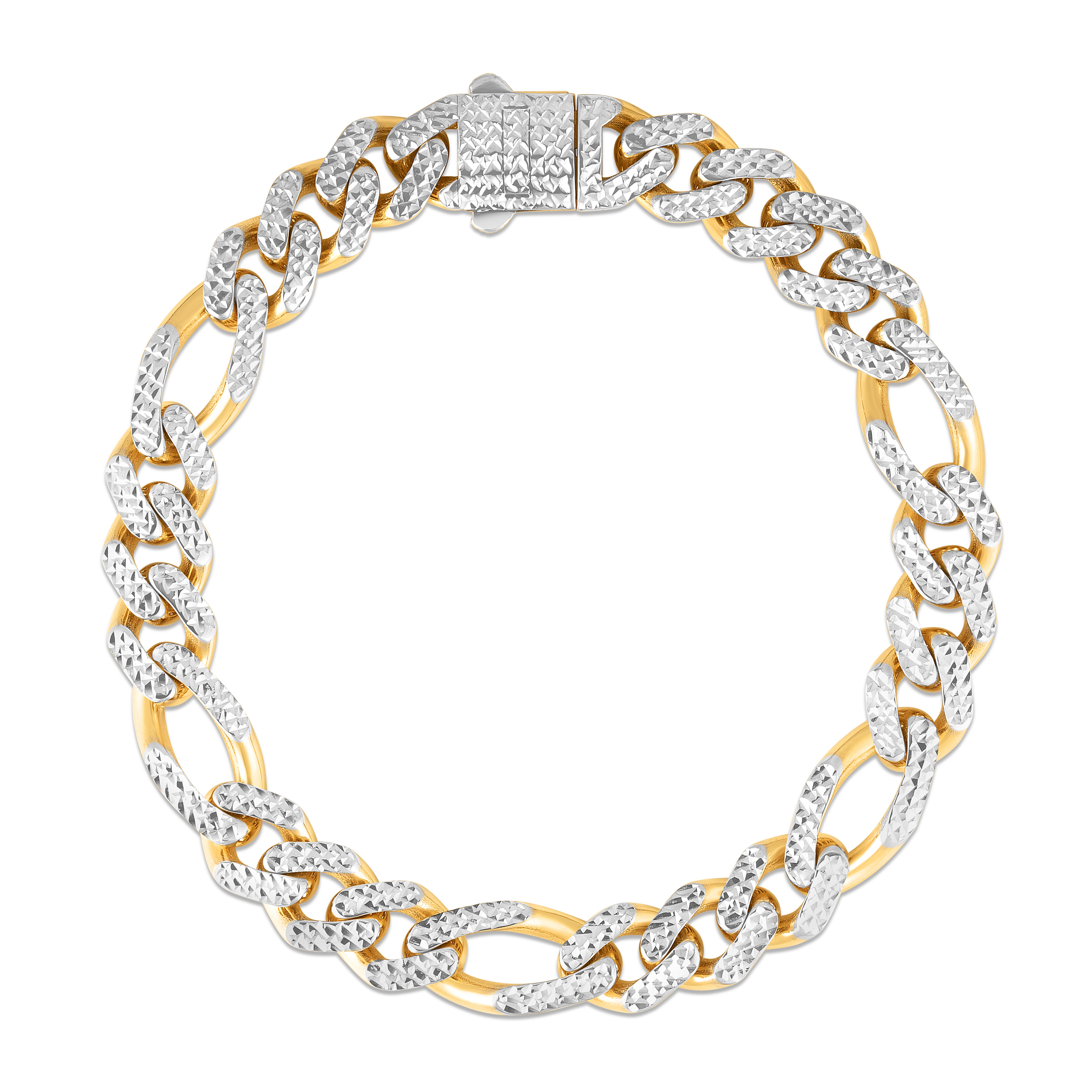 14K Yellow Gold 9.5mm White Pave Modern Lite Figaro 22" Chain Necklace with Box (Both Side Push) Clasp.