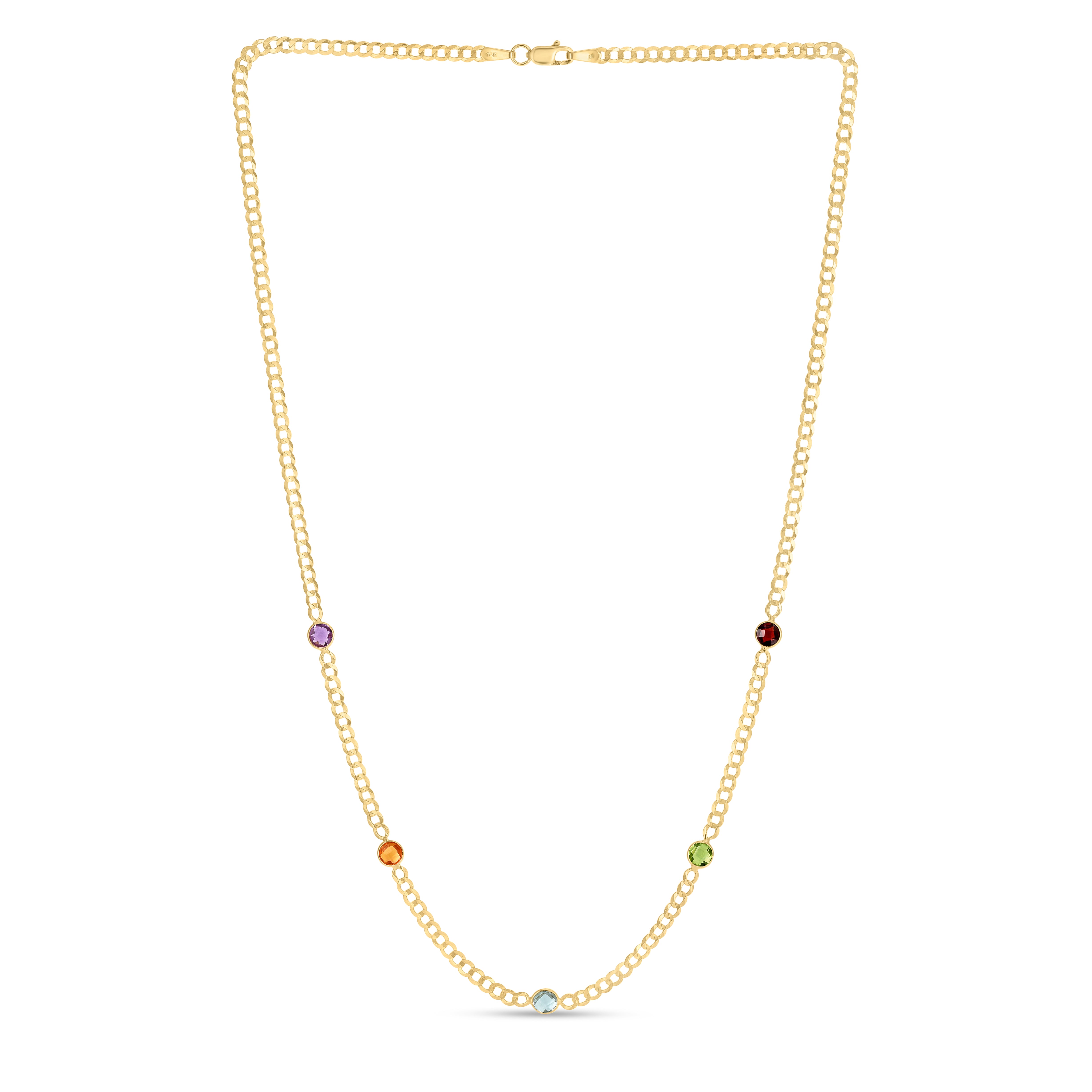 14K Yellow Gold Gemstone Curb 17" Chain Necklace with Lobster Clasp. Contains 4mm Round Briolette Citrine, 4mm Round Briolette Amethyst, 4mm Round Briolette Garnet, 4mm Round Briolette Peridot, 4mm Round Briolette Blue Topaz