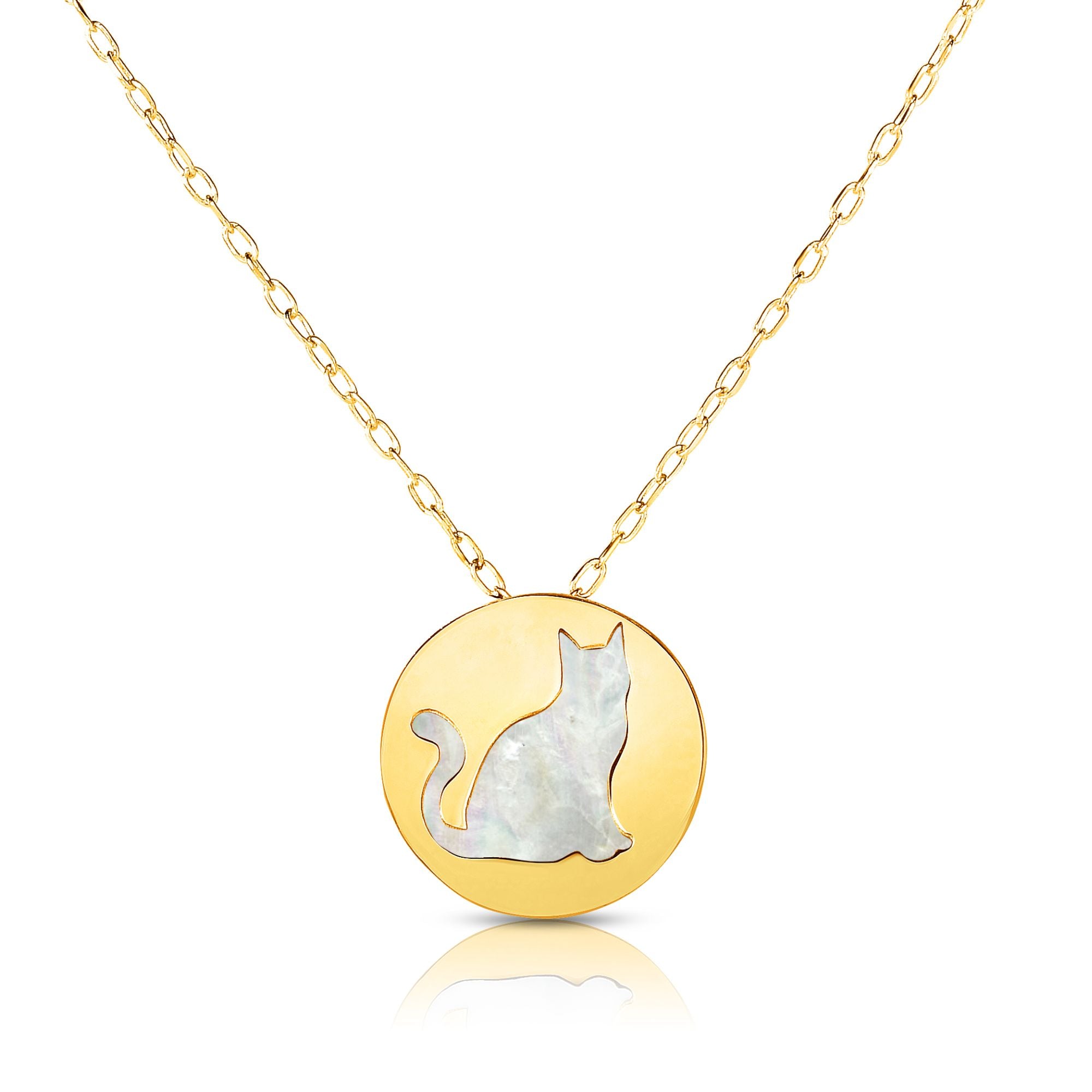 14K Yellow Gold 18" Cat Mother of Pearl Necklace