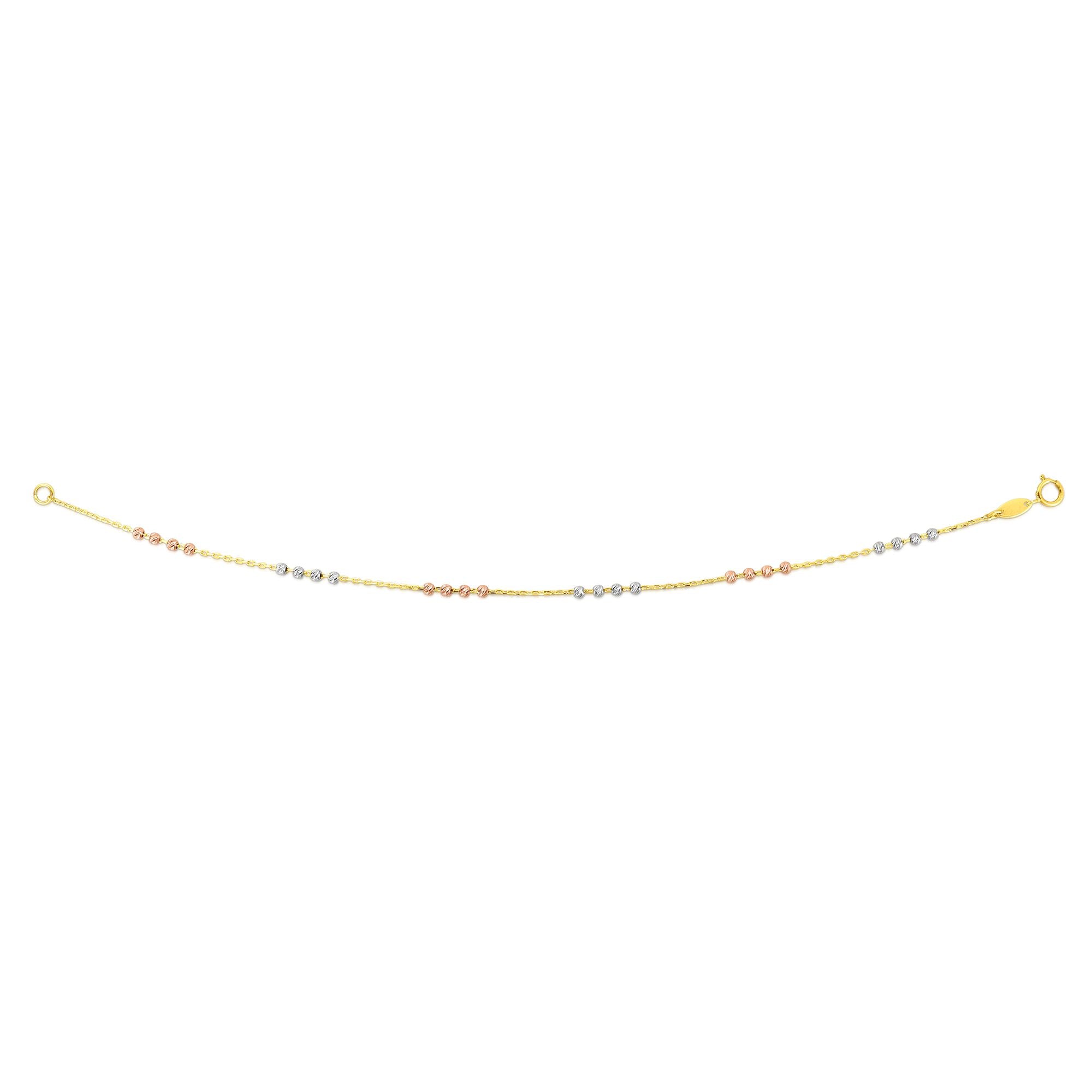 14K Tri-color Gold 7.25" Diamond Cut Bead Station Bracelet